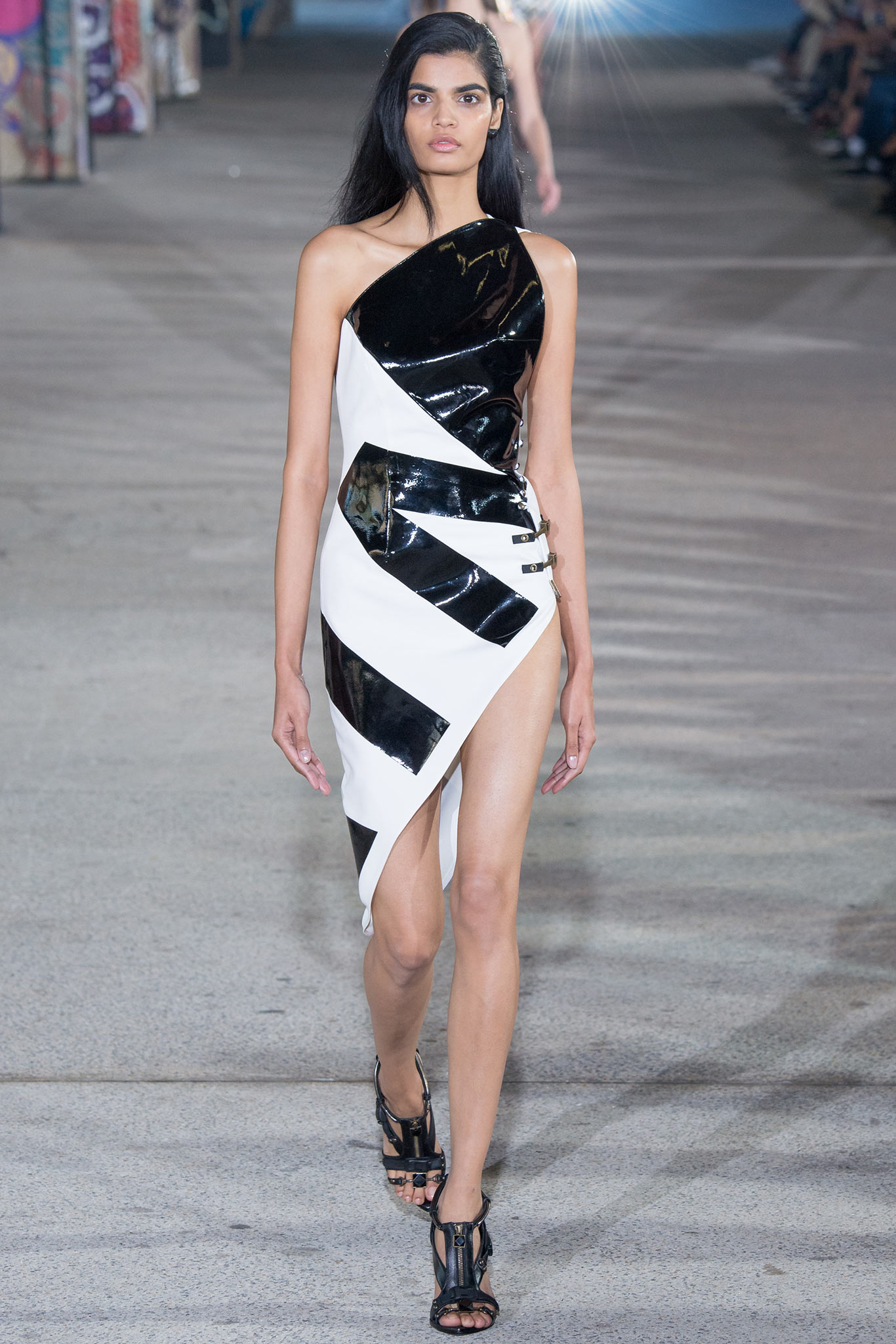 black and white asymmetric vinyl dress