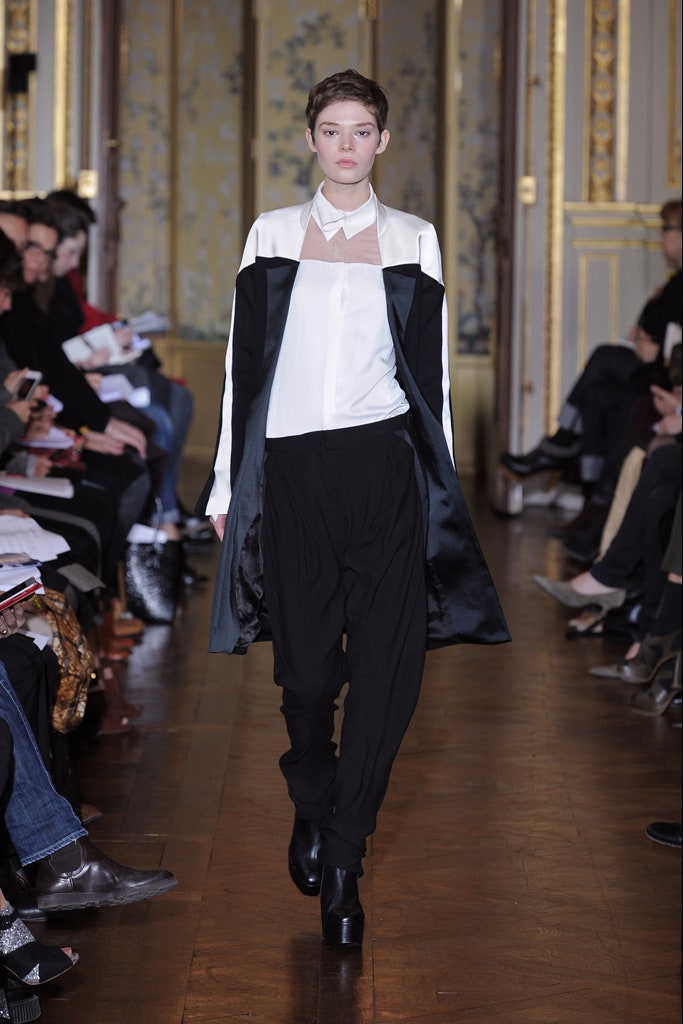black and white relaxed coat and blouse