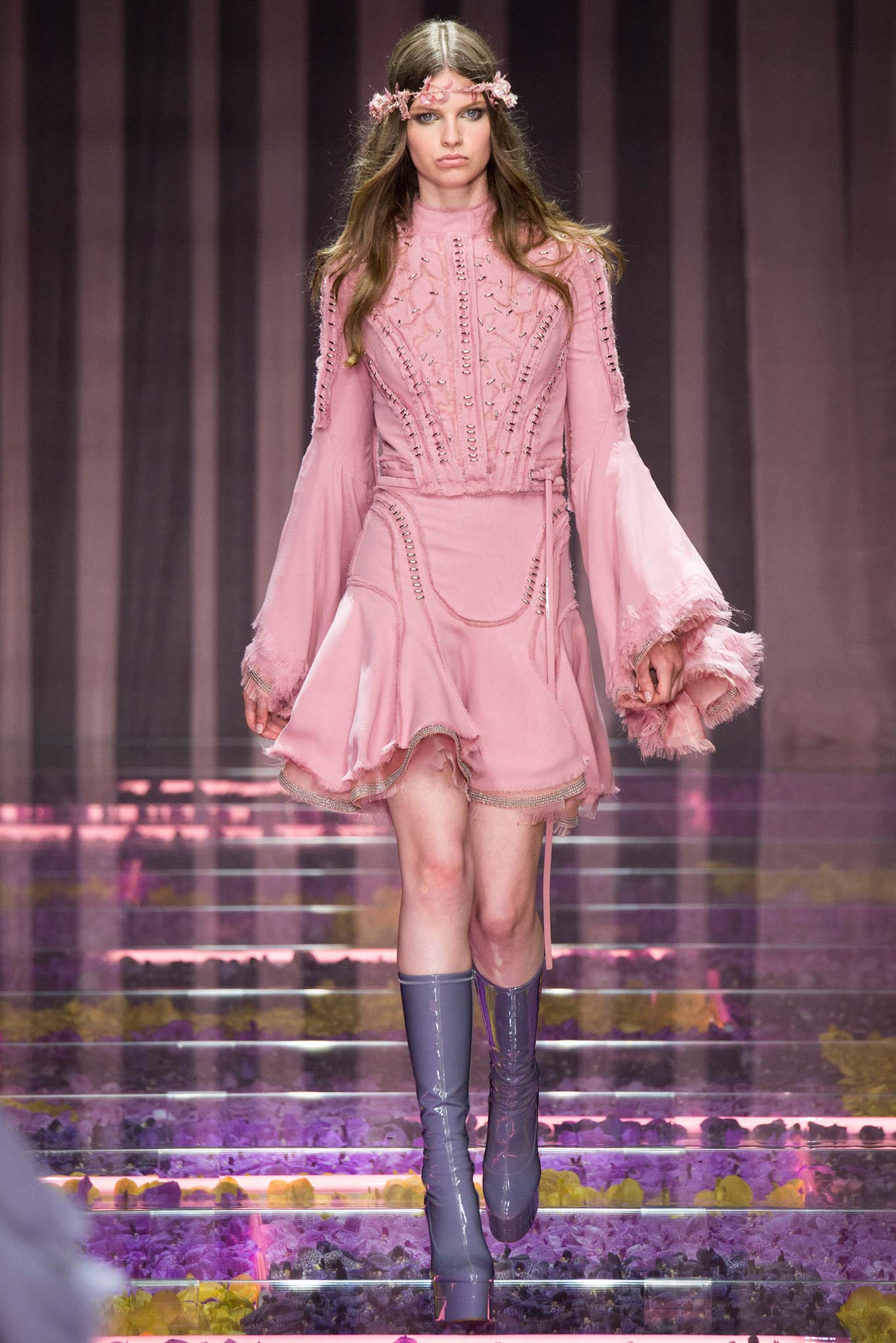 pink silk mini dress with long sleeves