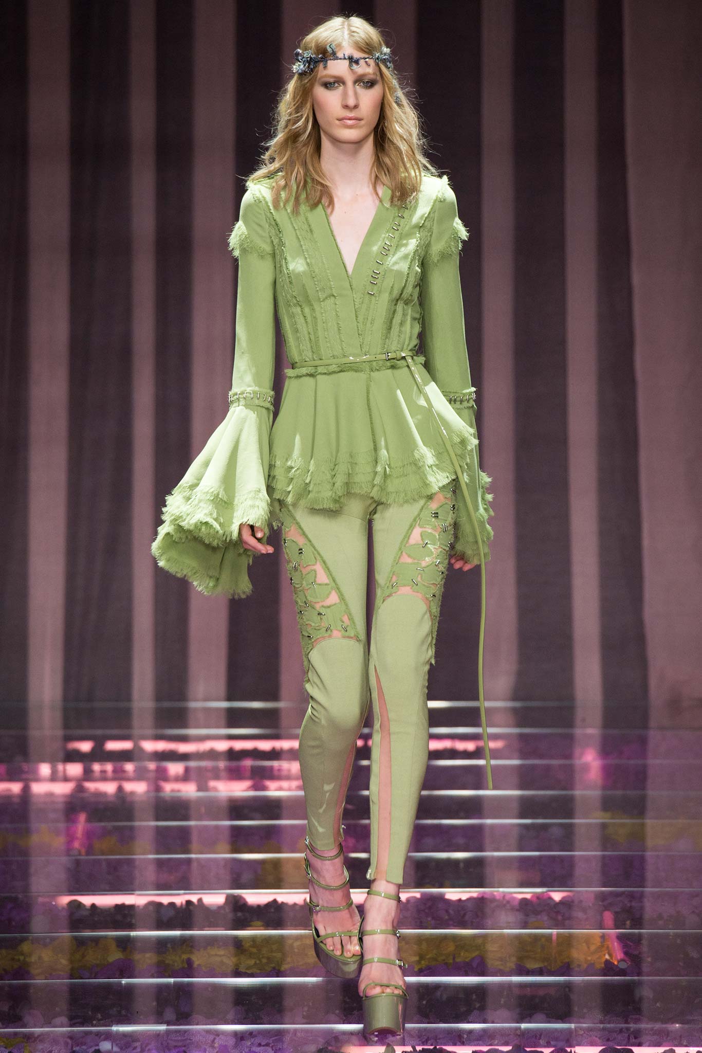 green silk top and pants
