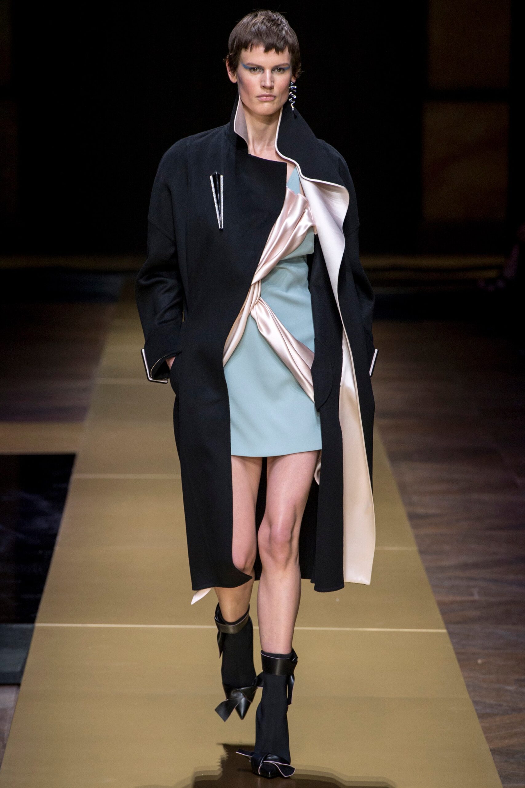 black coat with blue pink dress