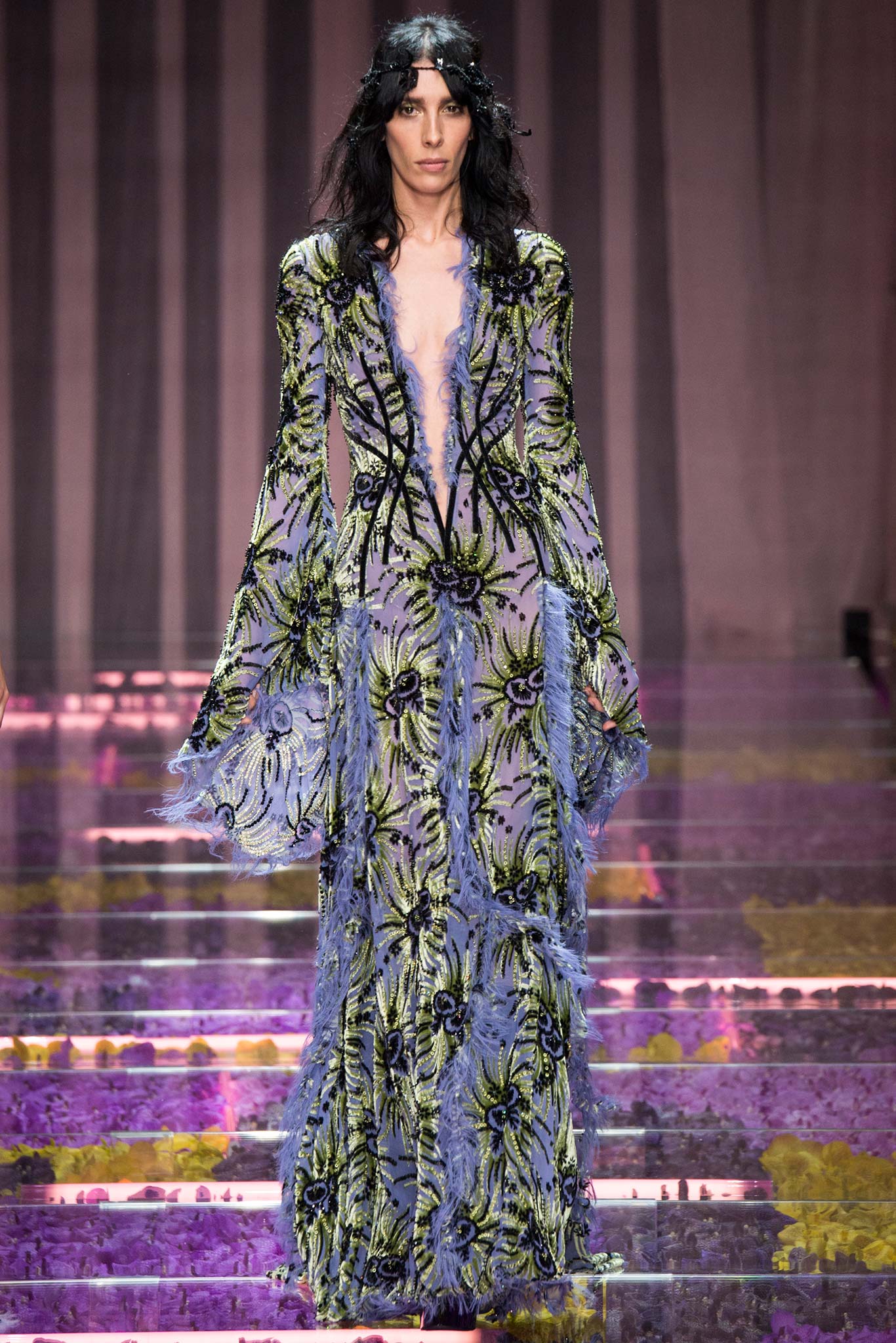 purple and green embroidered gown