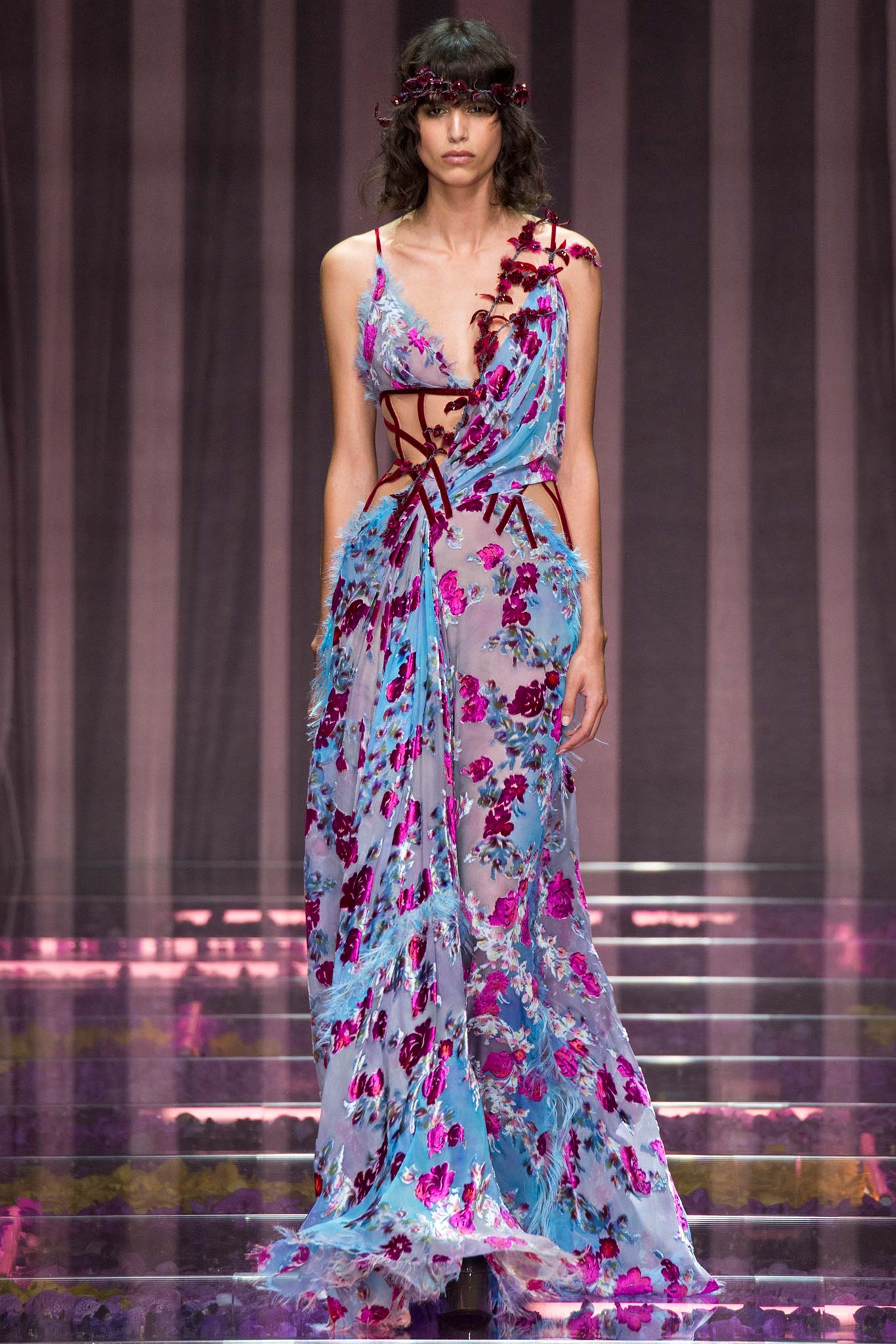 blue pink floral silk gown