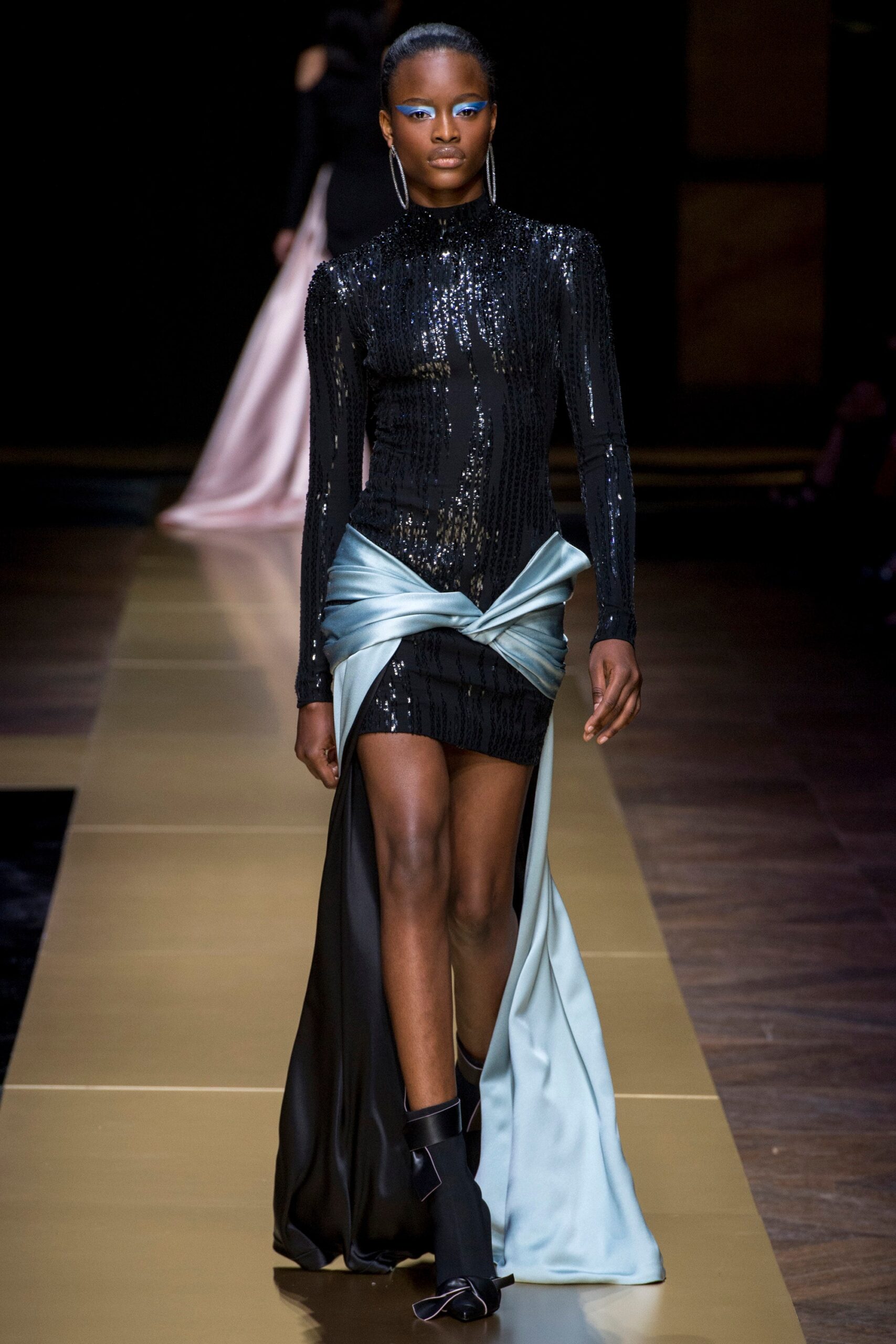 black and blue sequined midi dress