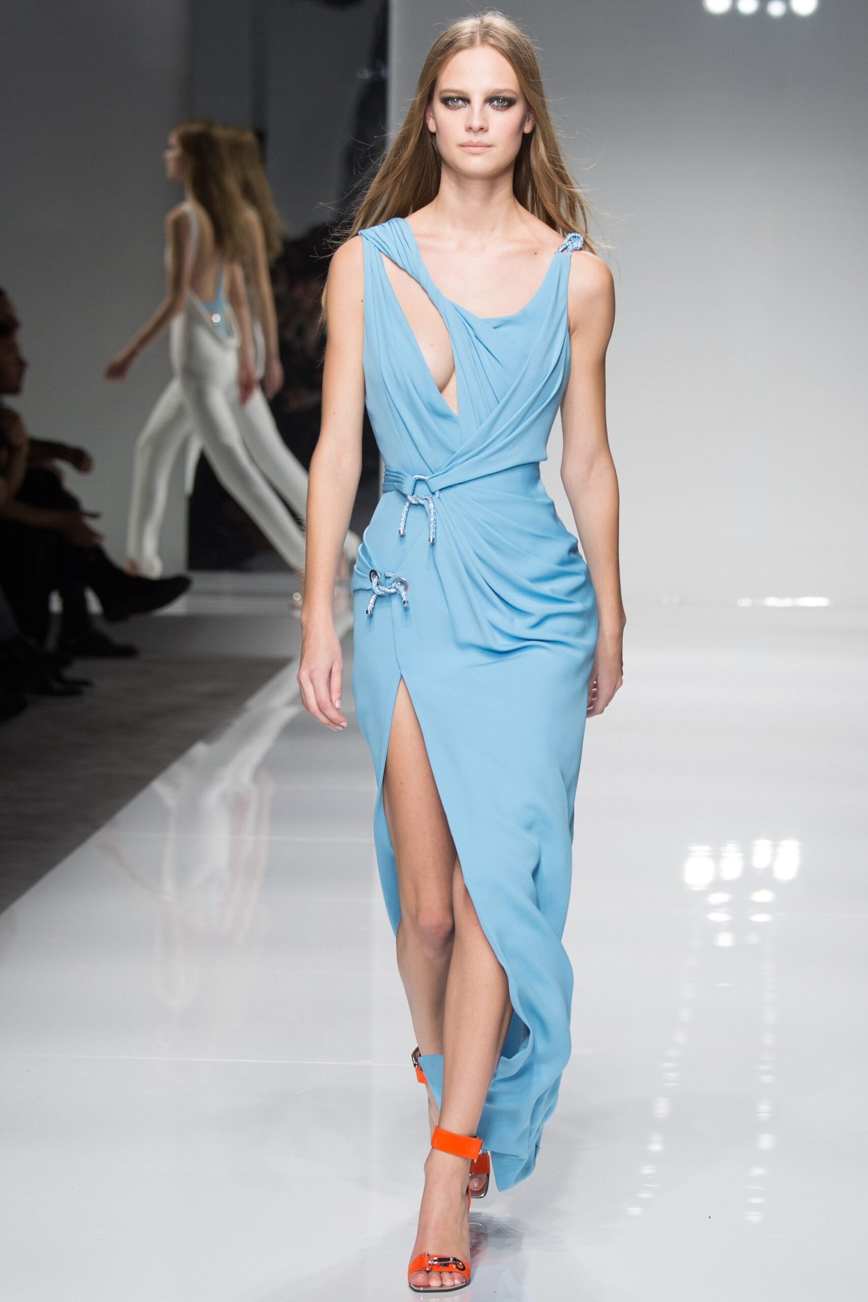 blue silk sleeveless v-neck fitted draped flowing dress
