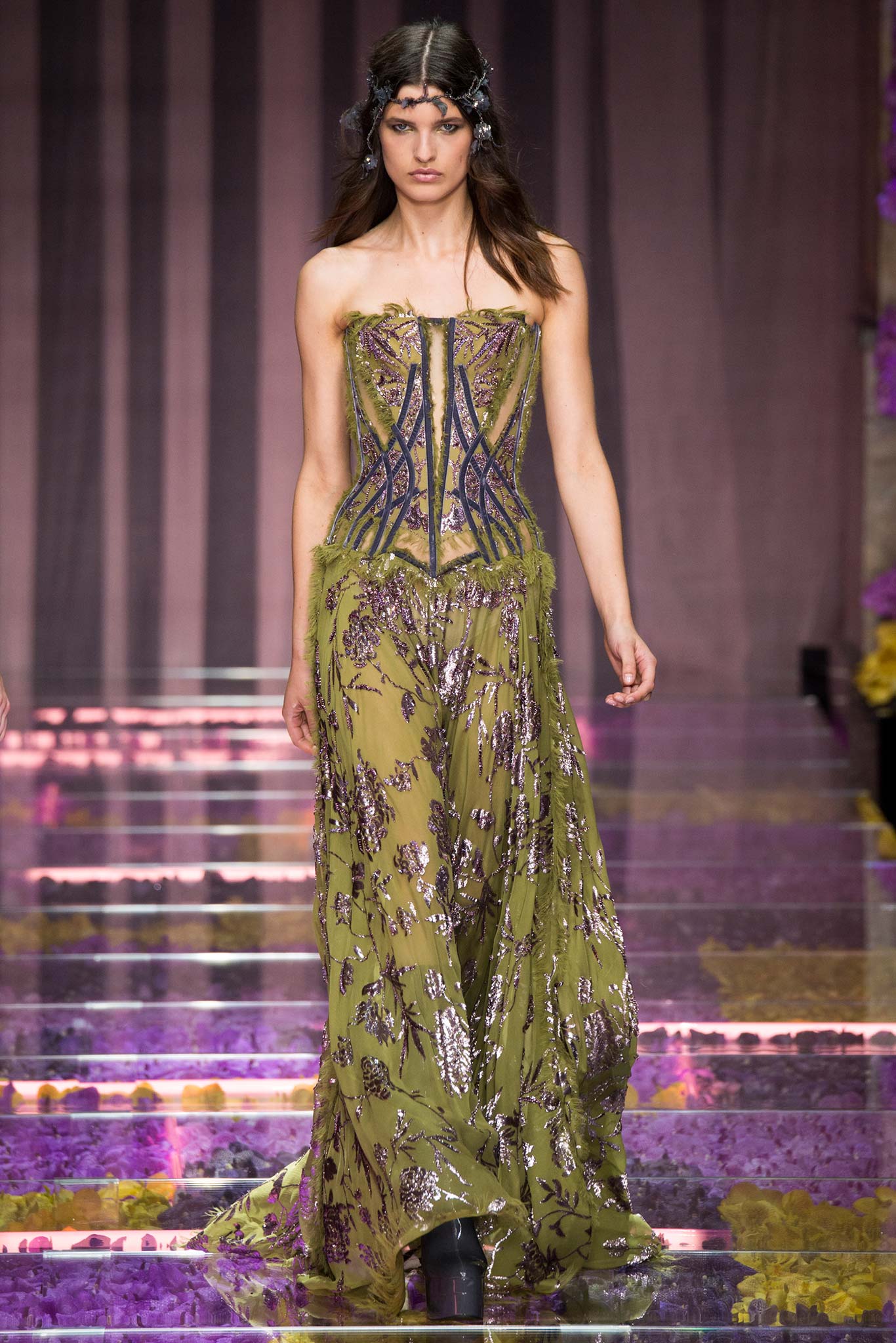 green embroidered strapless gown