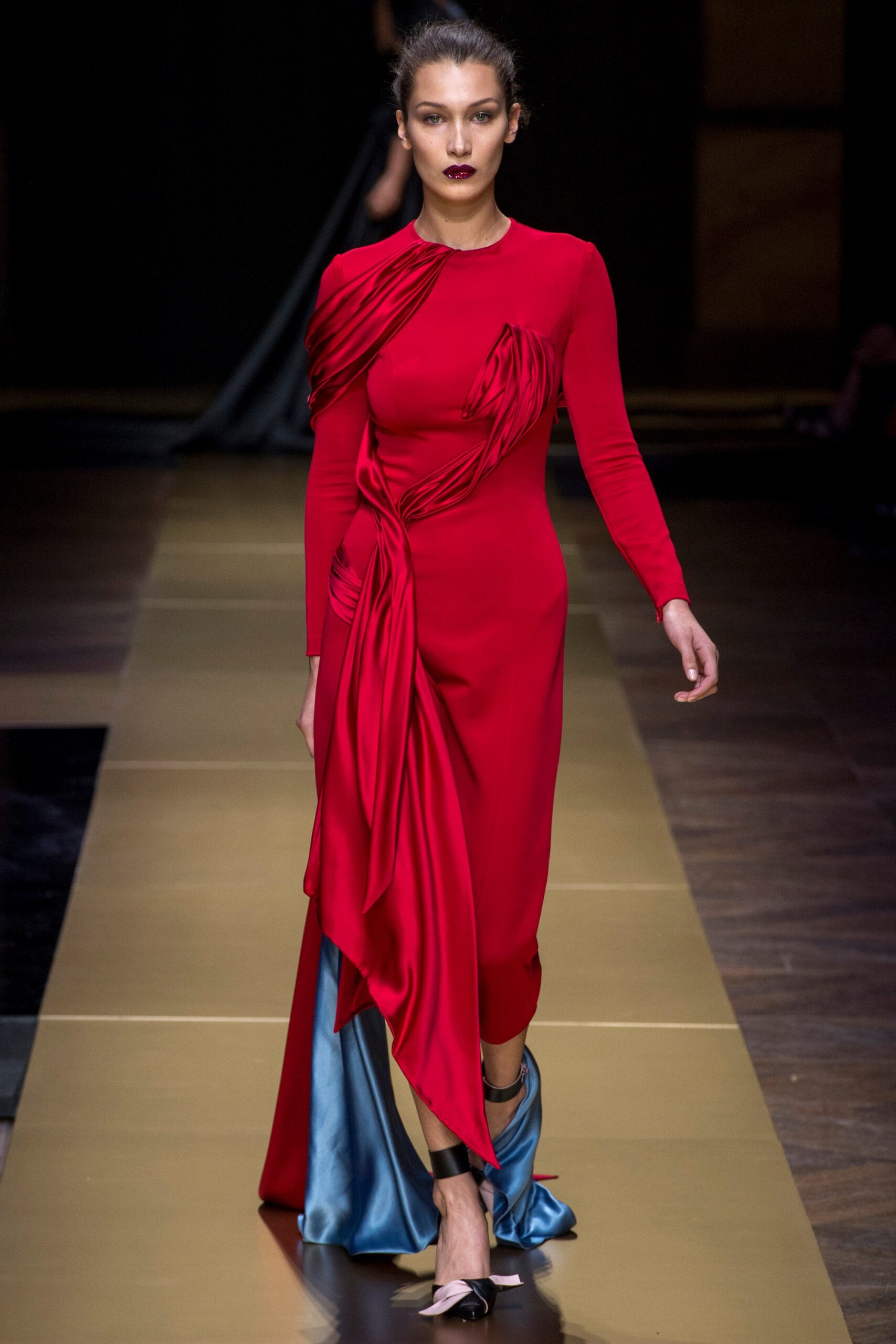 red silk fitted midi dress