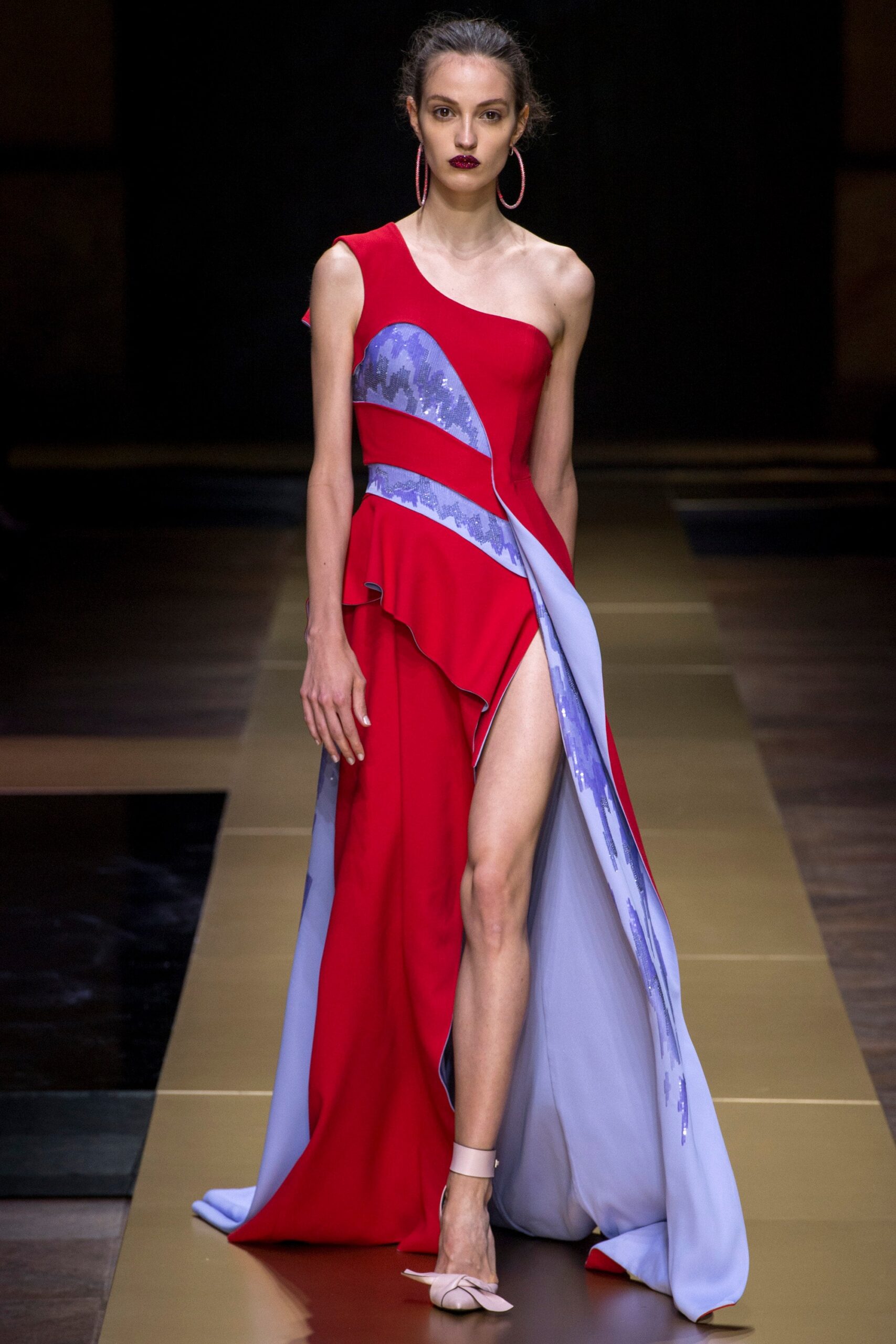 red and blue asymmetric gown
