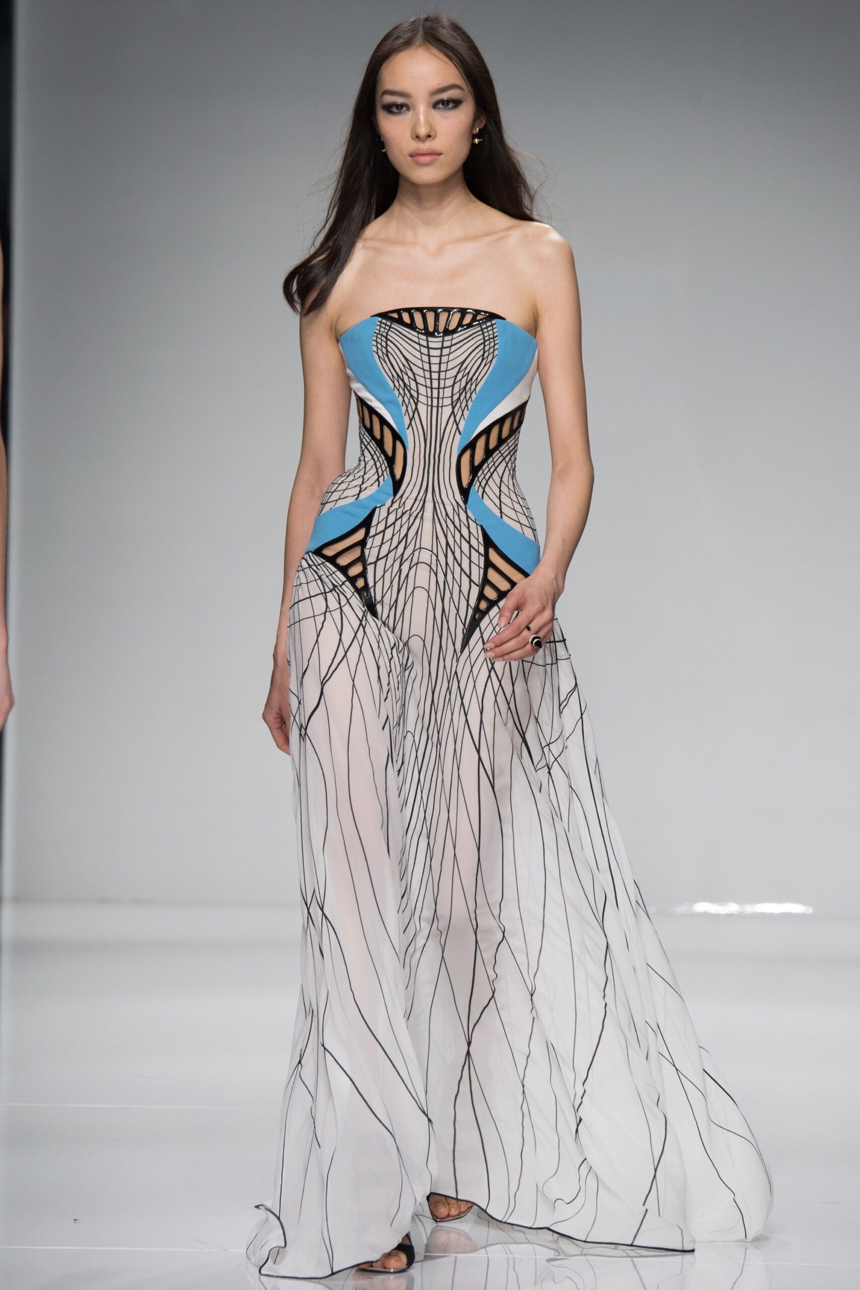 black and blue strapless gown