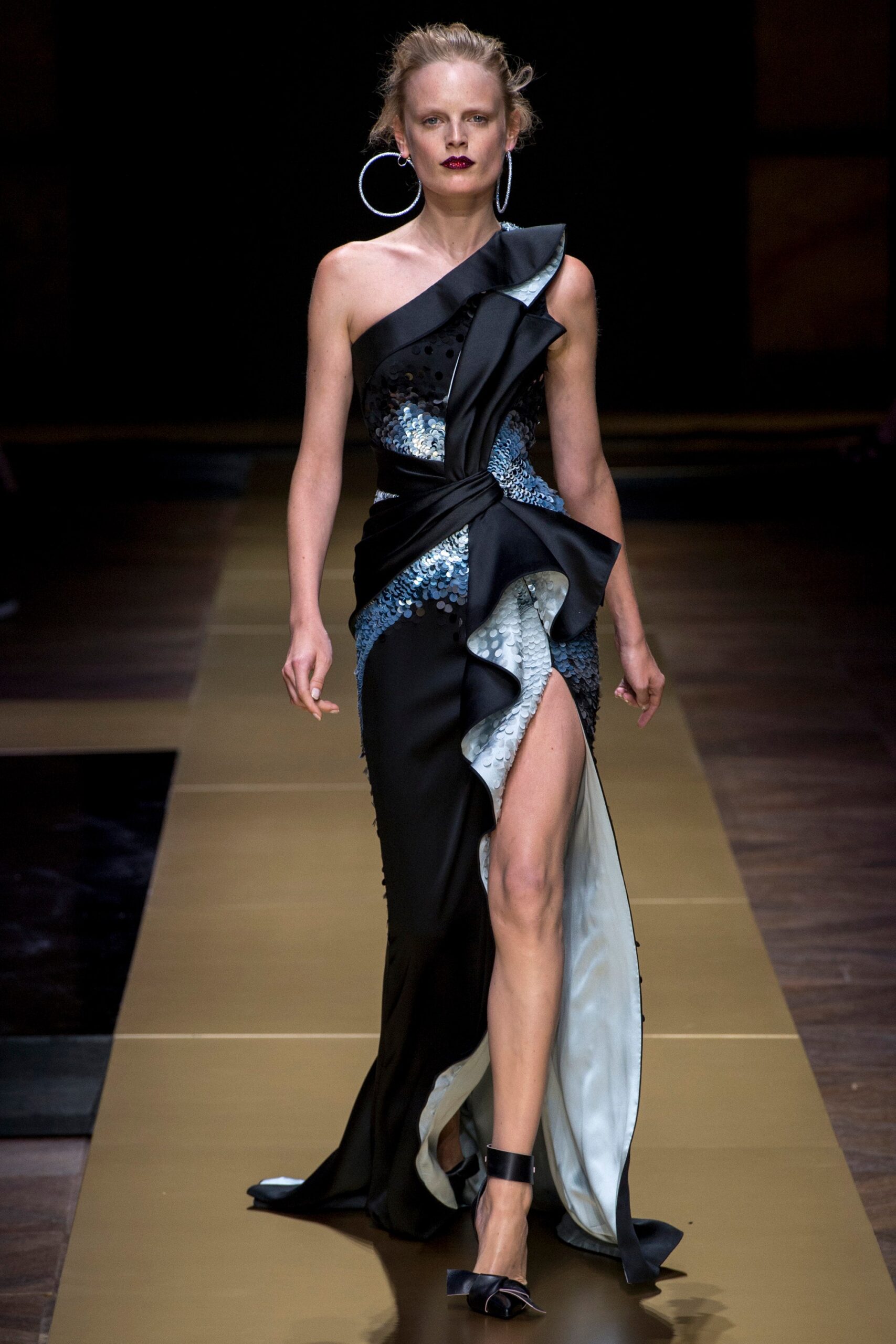 black and blue draped gown