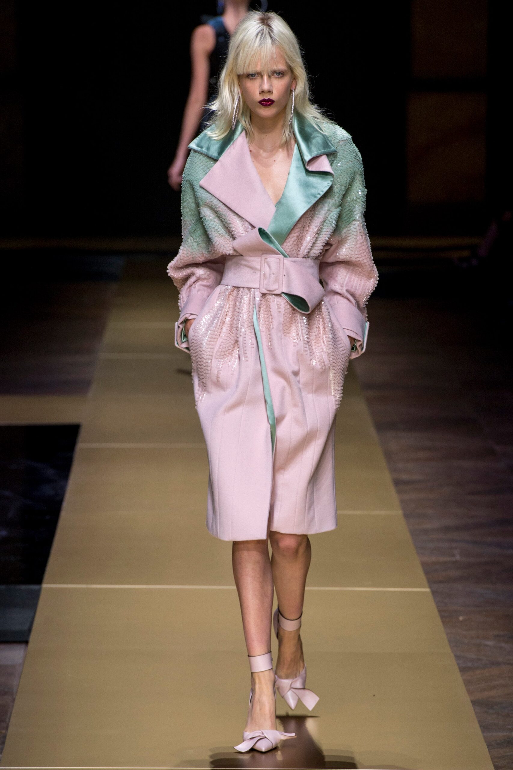 pink silk long-sleeve collared fitted belted pleated coat