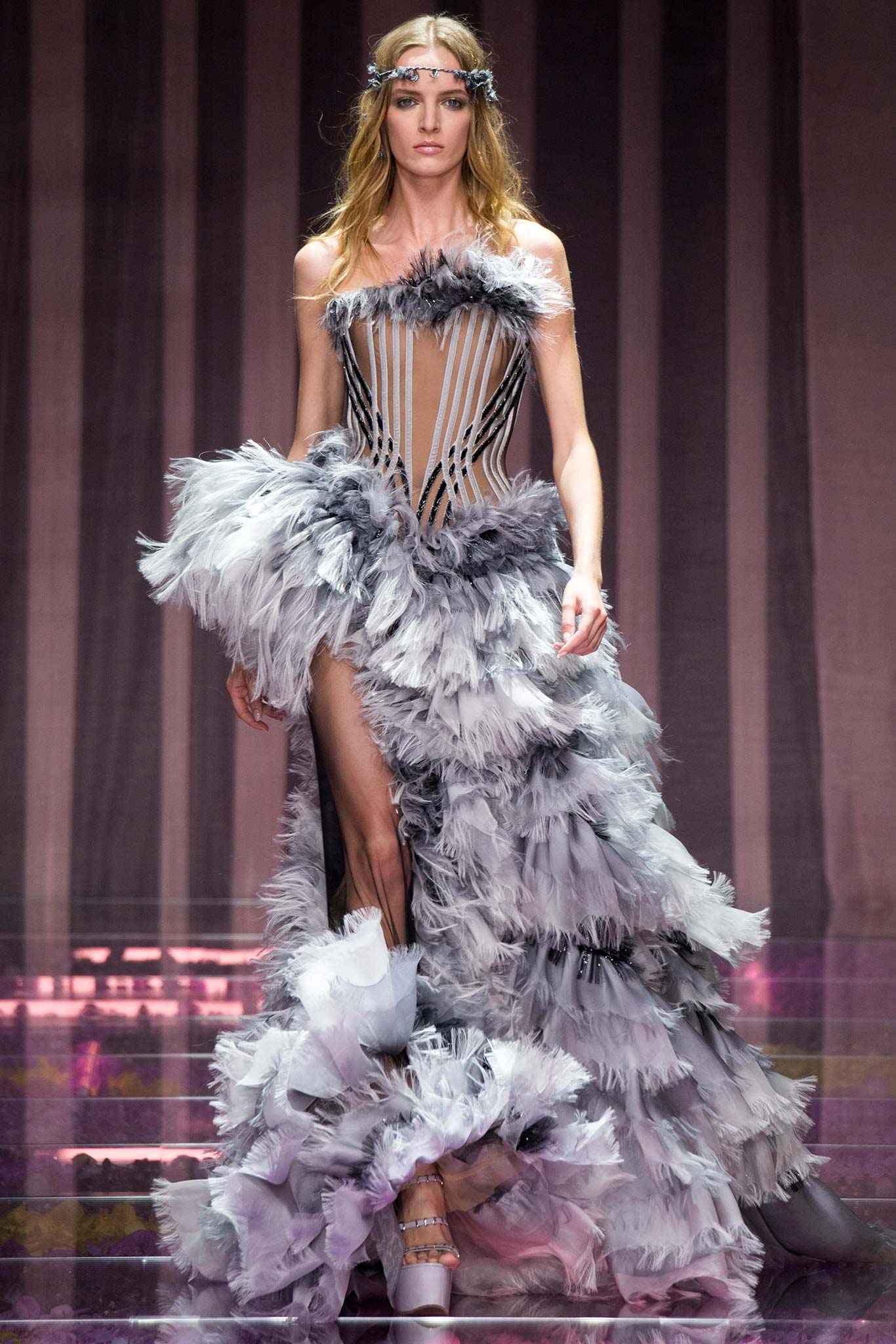 gray and white ruffled gown