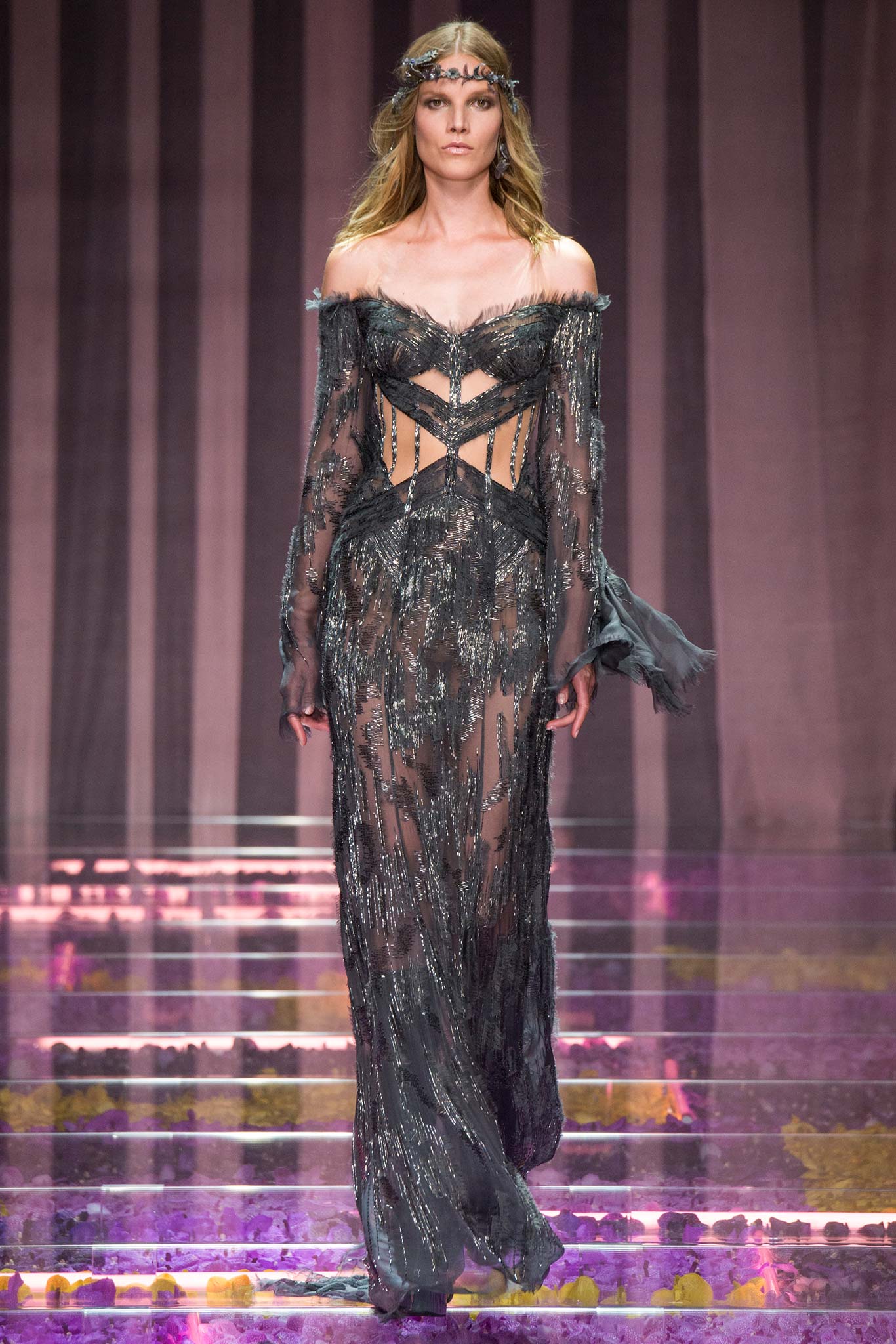 black silk off-shoulder gown