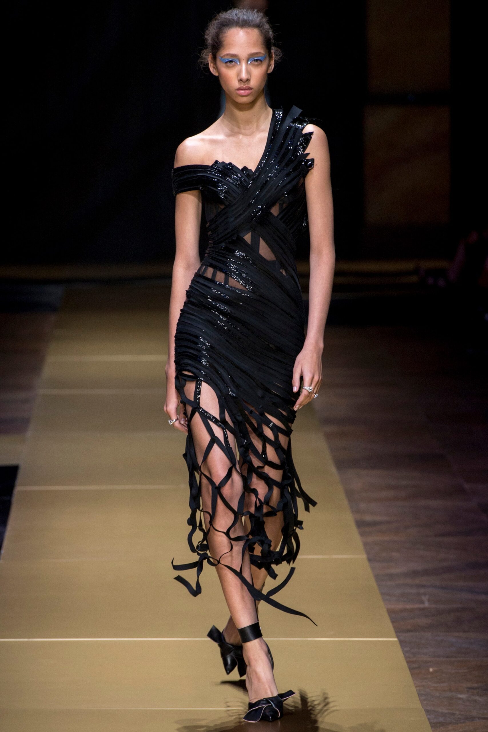 black silk off-shoulder dress