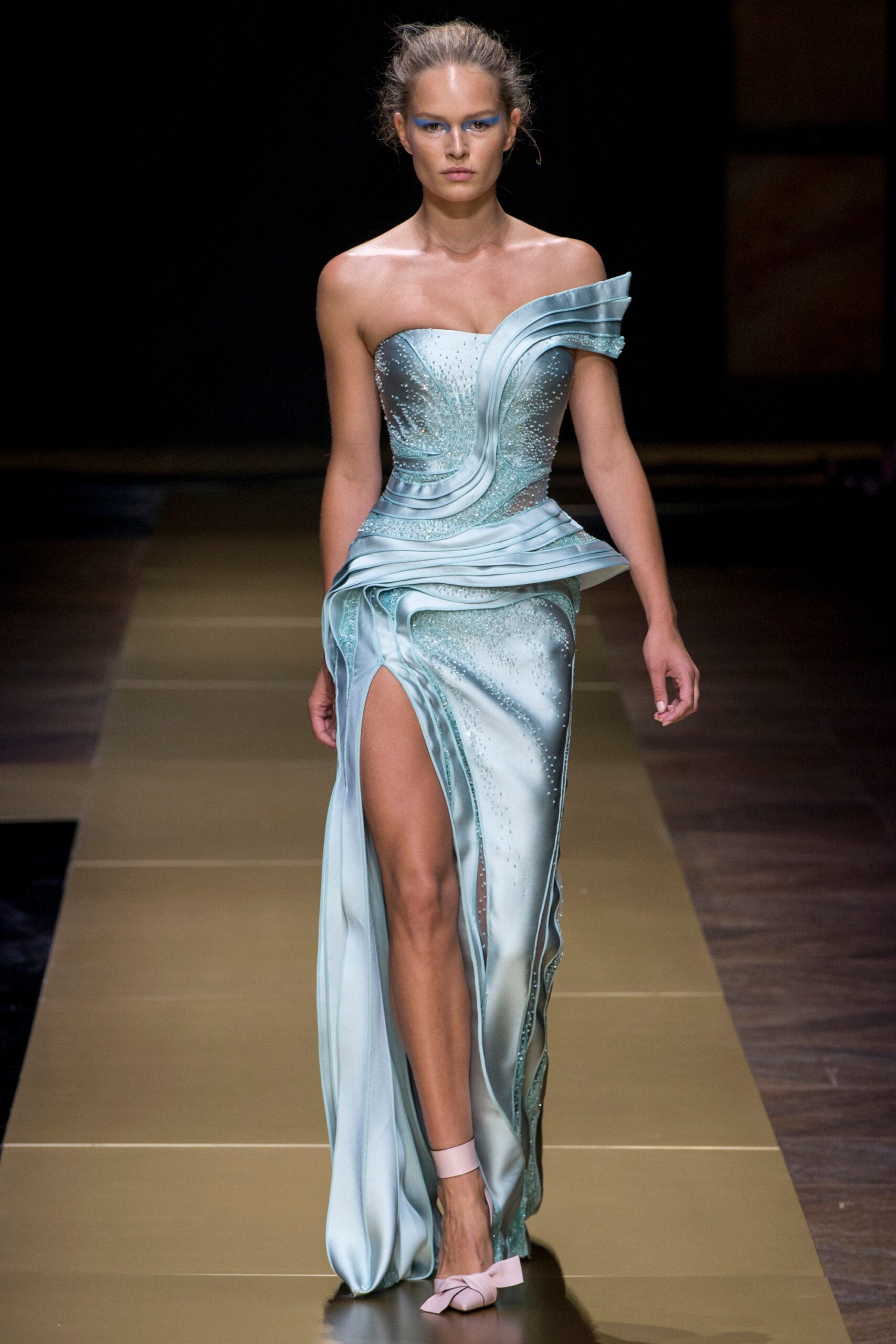 blue silk strapless gown