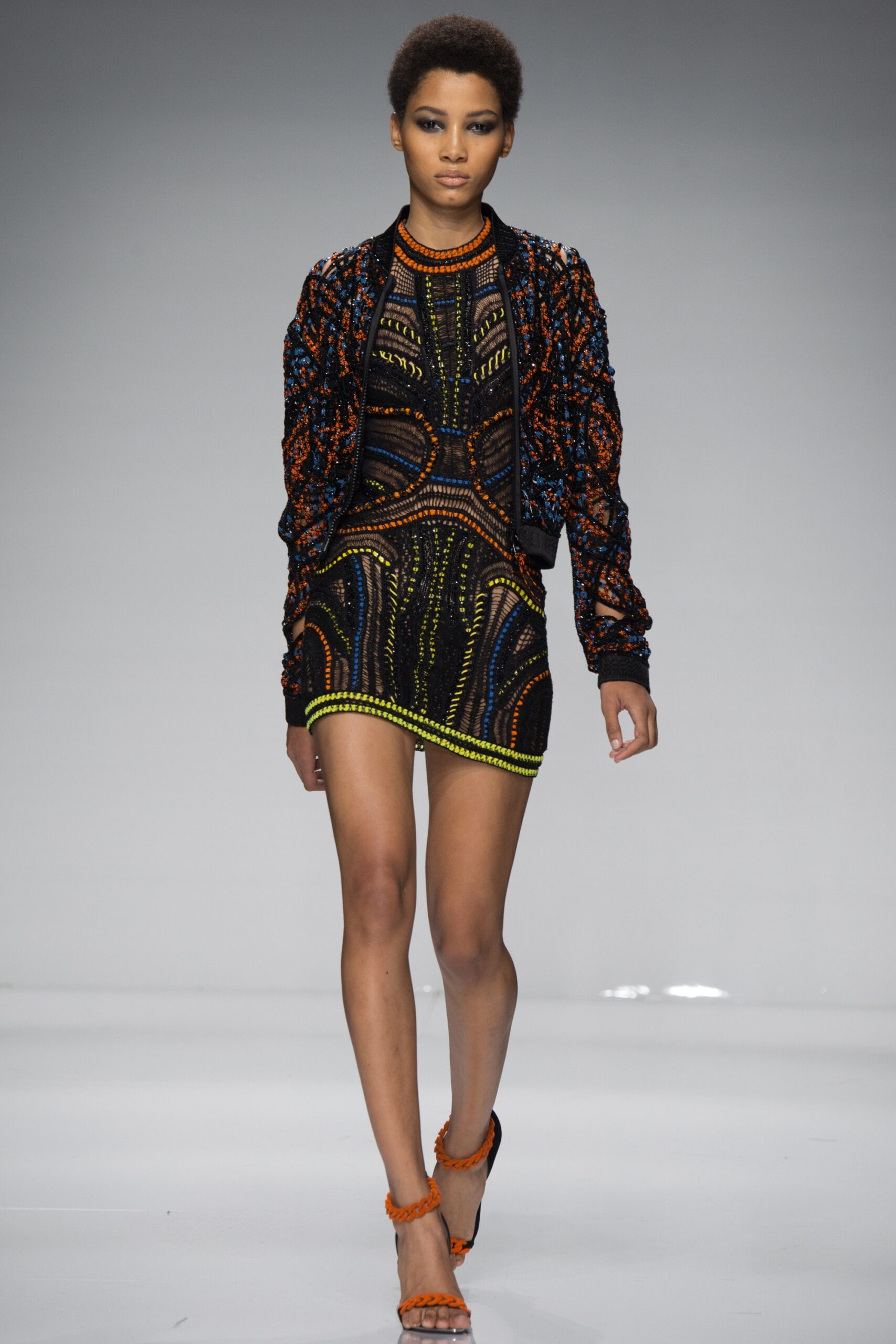 black mesh long-sleeve collared fitted embroidered zippered jacket