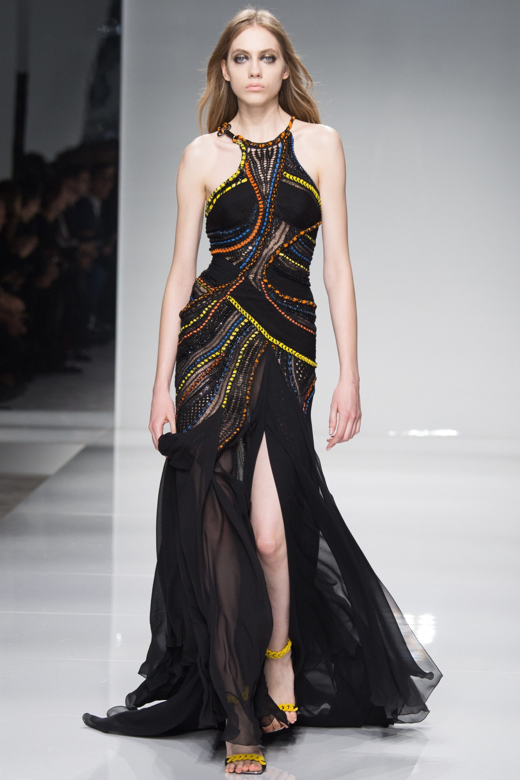 black silk sleeveless v-neck fitted draped beaded gown
