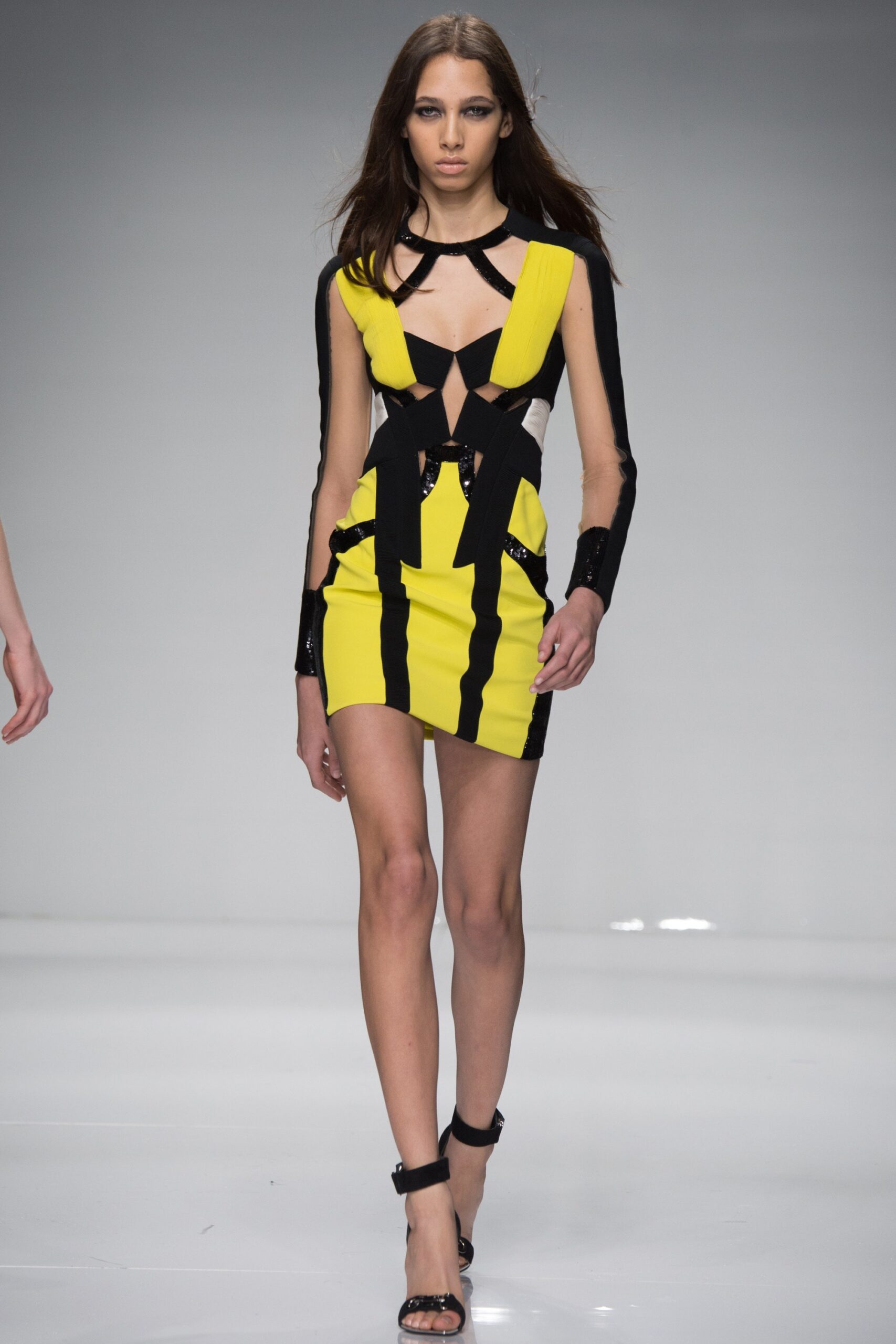 fitted yellow and black cutout dress