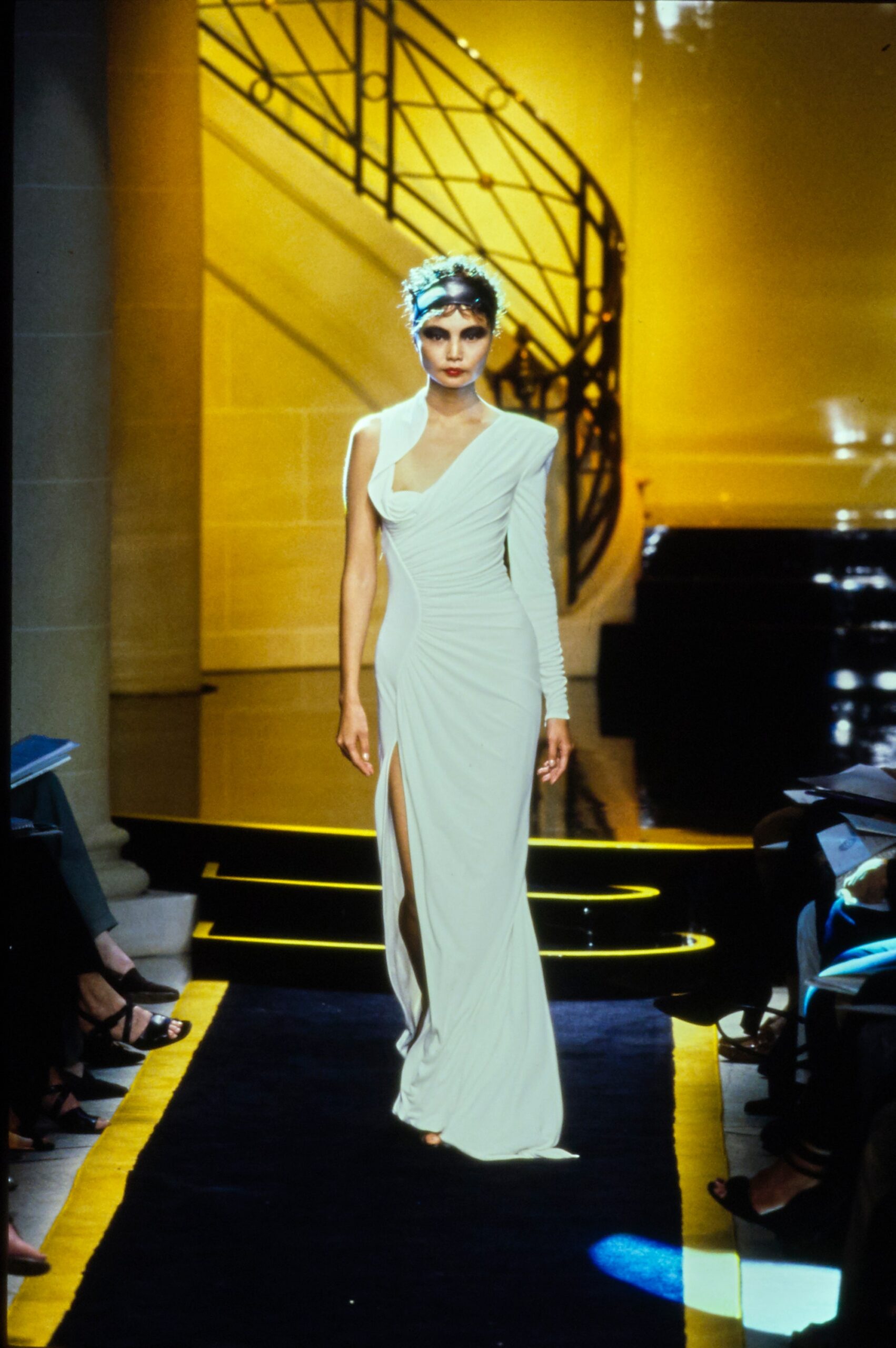 white silk fitted gown