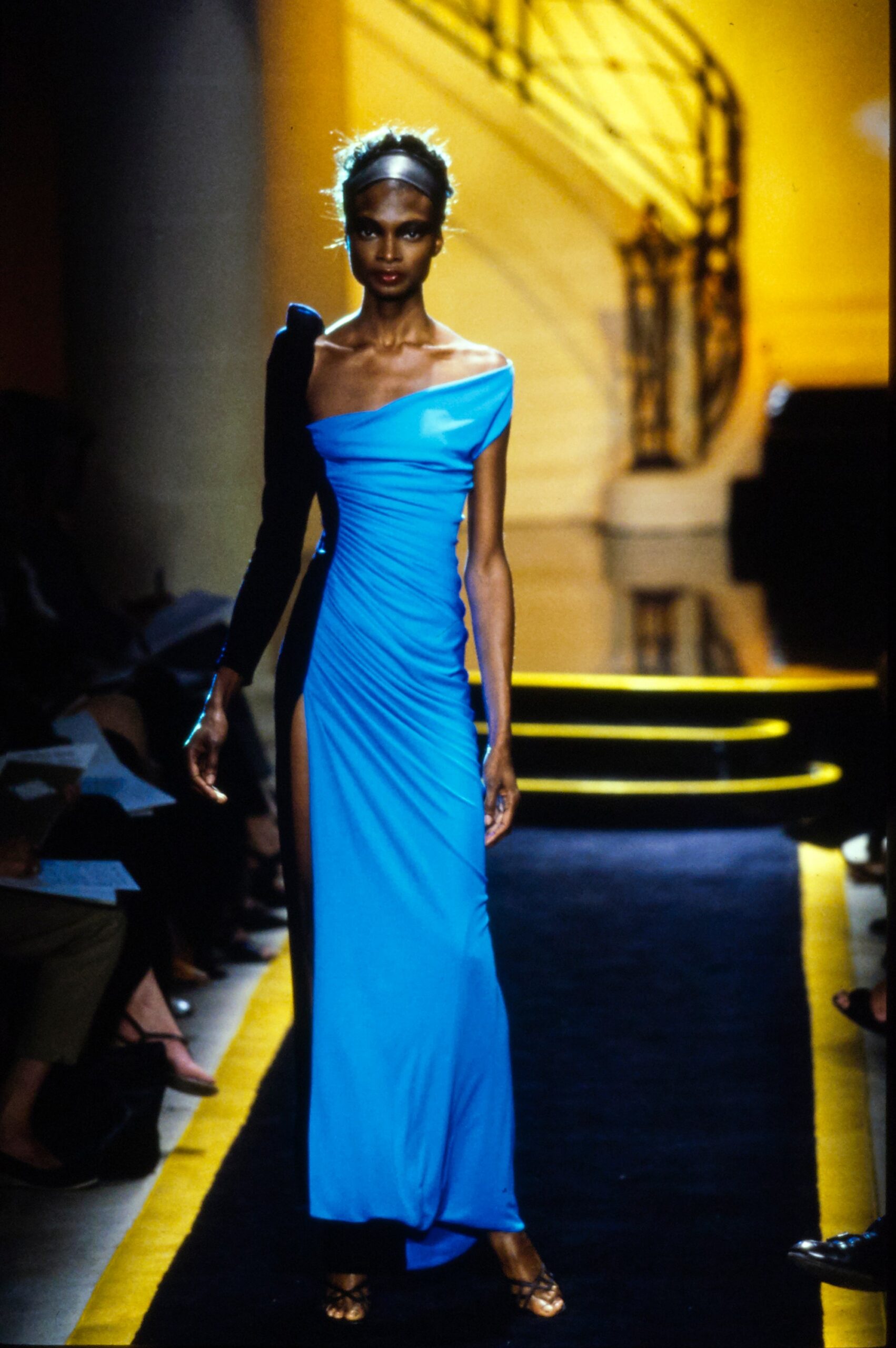 fitted blue silk gown