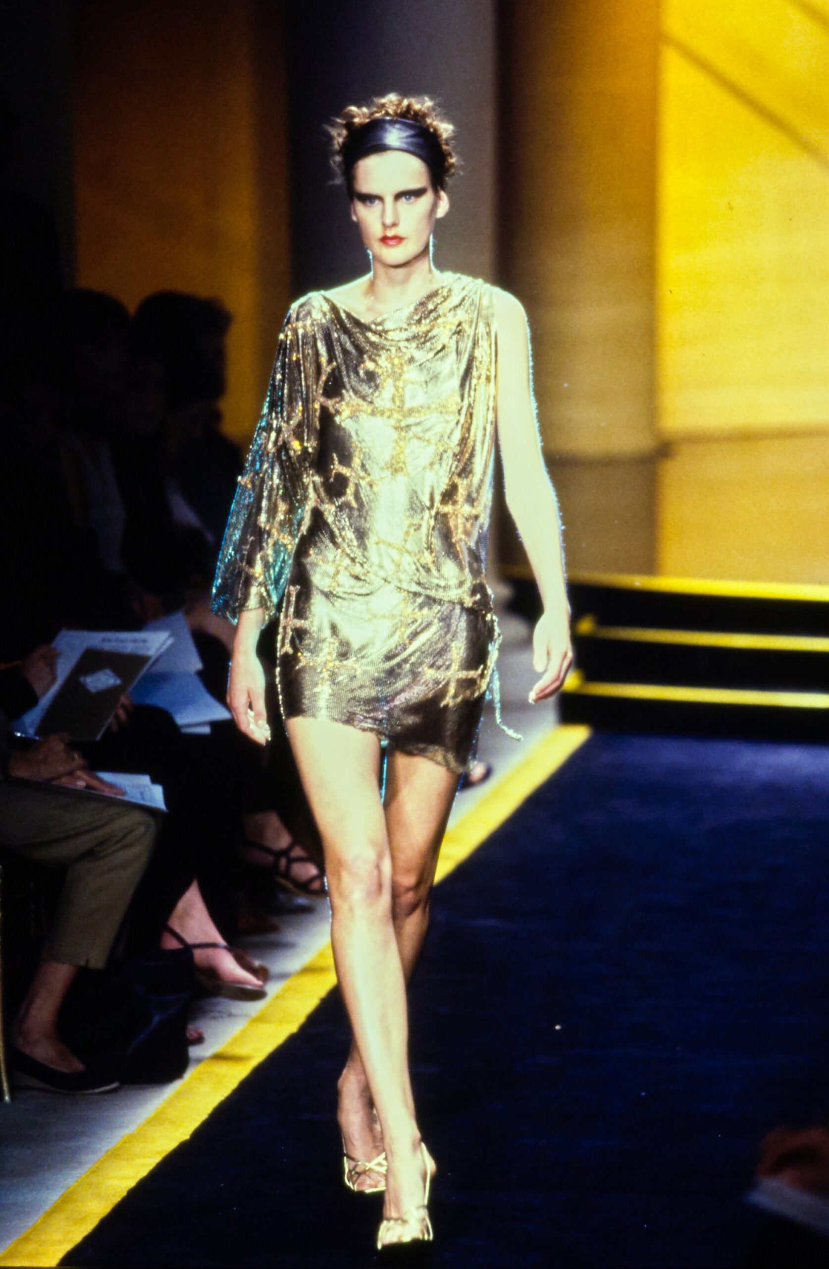 fitted gold silk mini dress