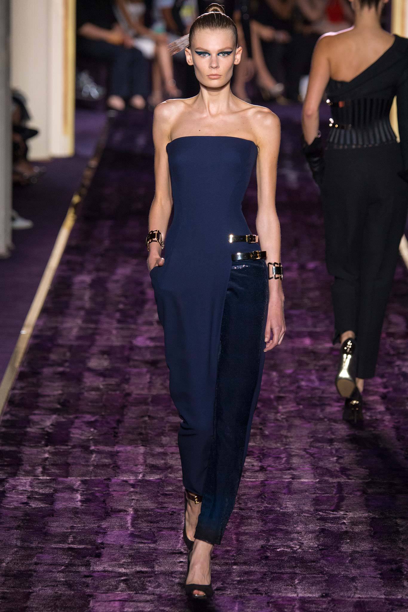 blue fitted strapless jumpsuit
