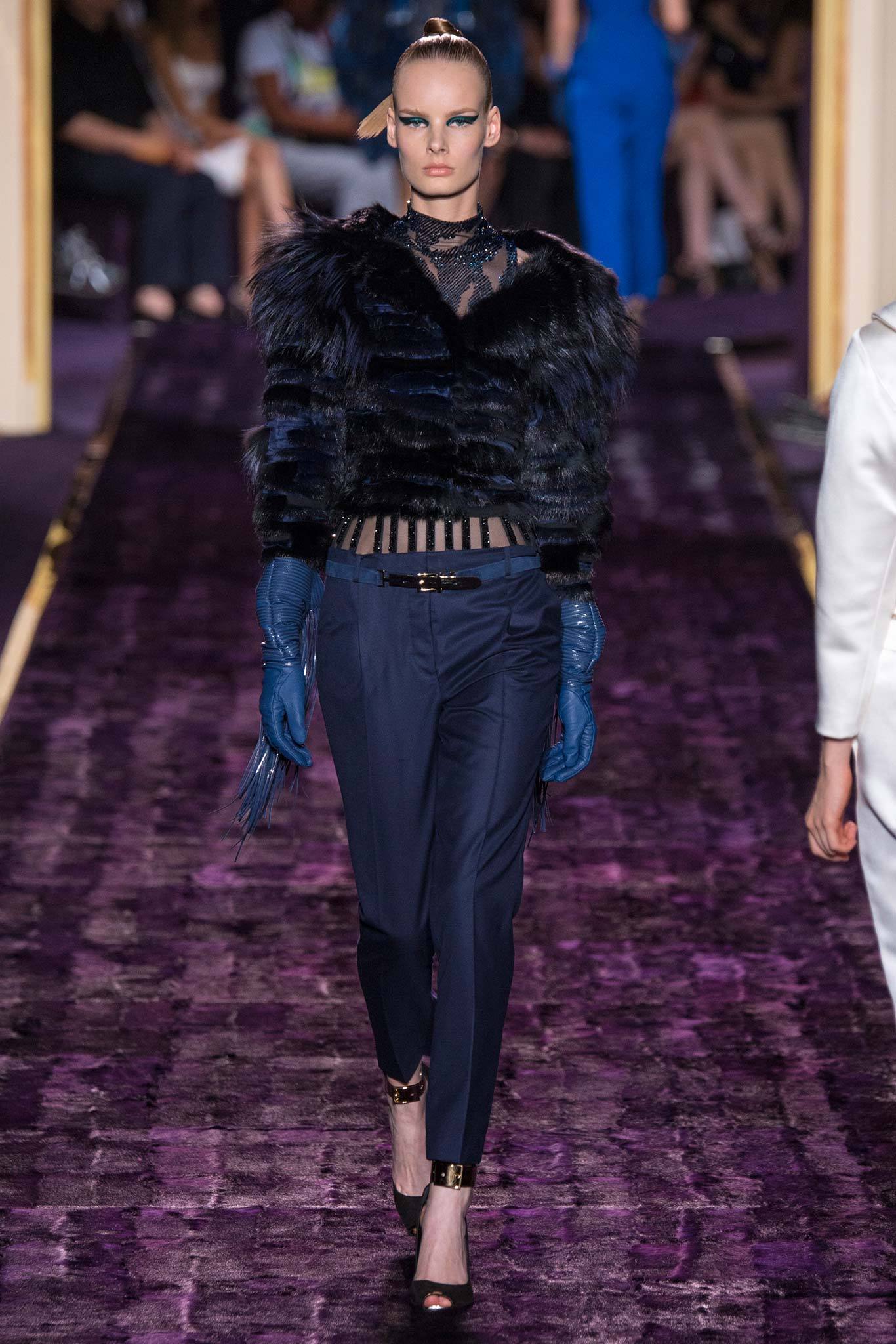 black fur fitted top with navy tailored pants