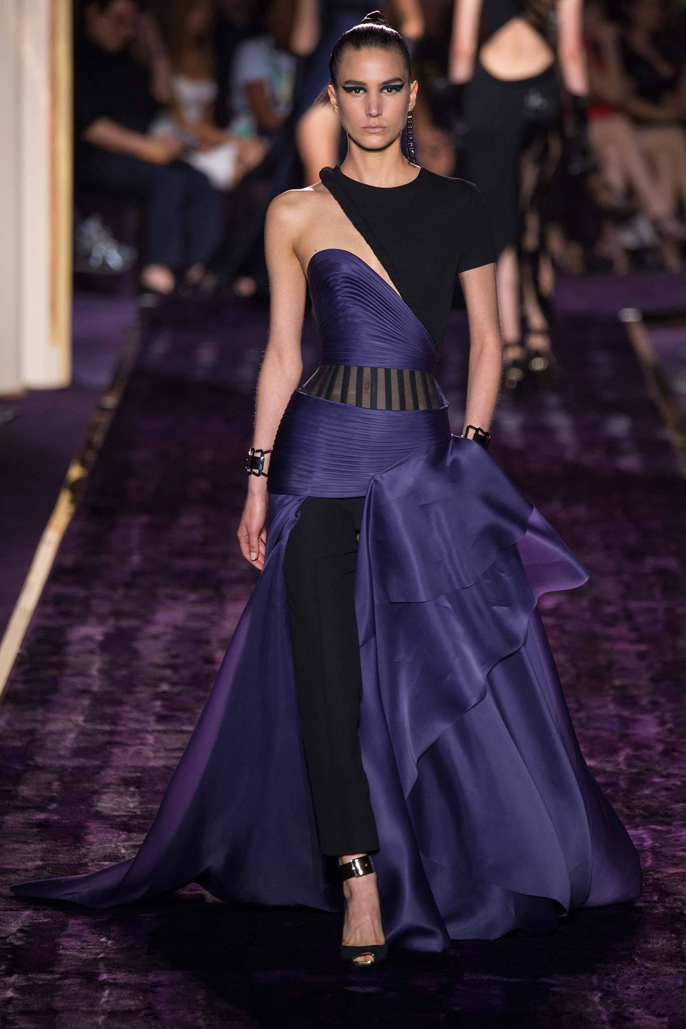 purple silk sleeveless asymmetric fitted draped flowing gown