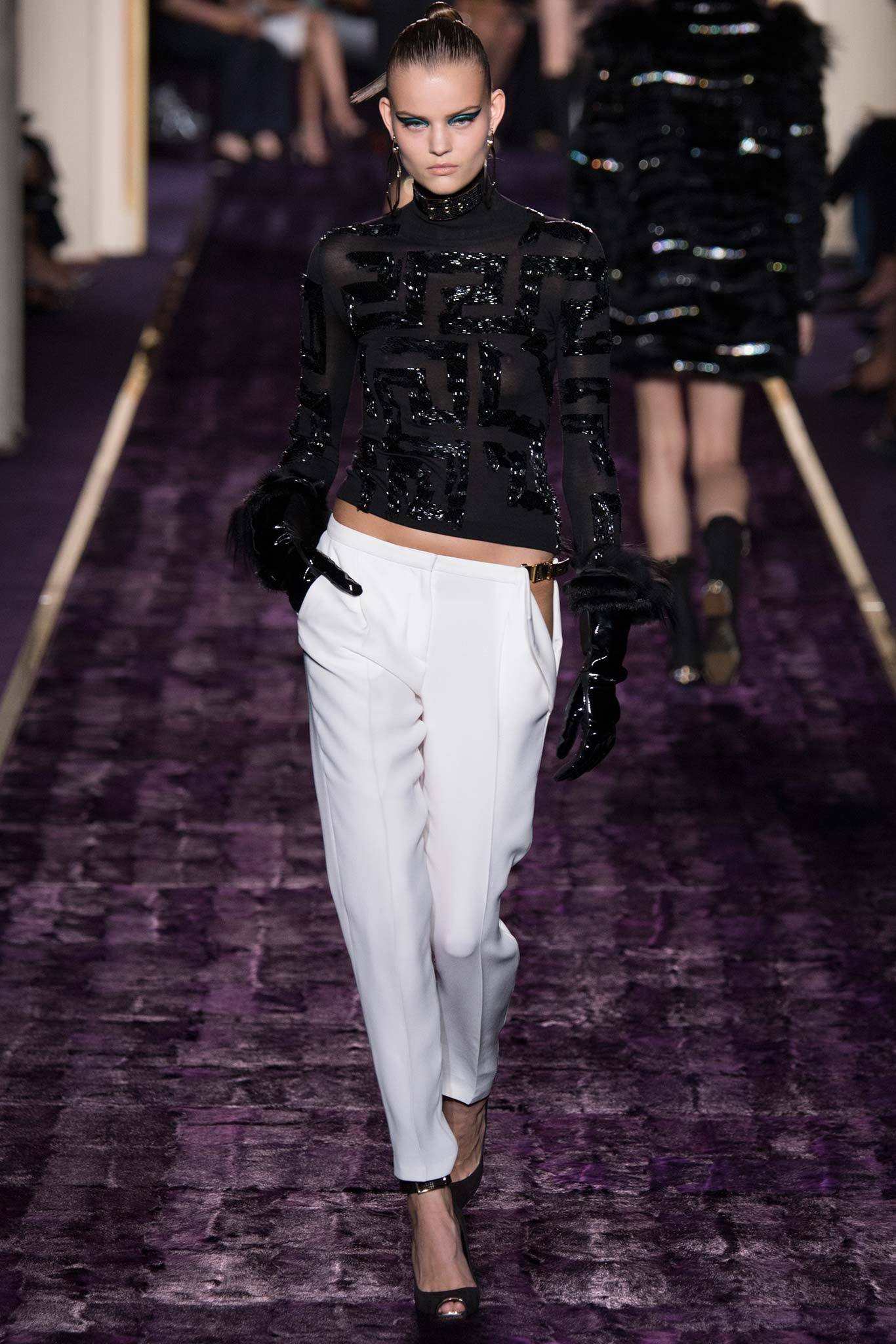 black silk long-sleeve high-neck fitted sequined shiny top