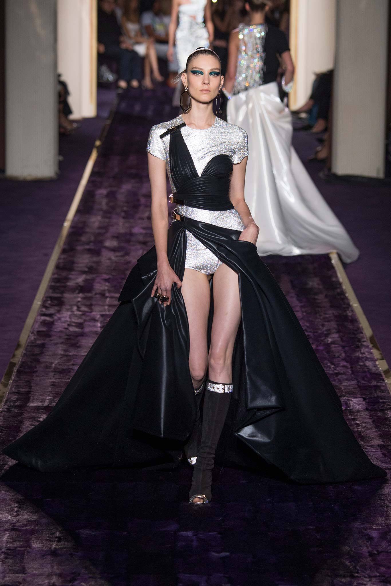 black and silver asymmetric gown