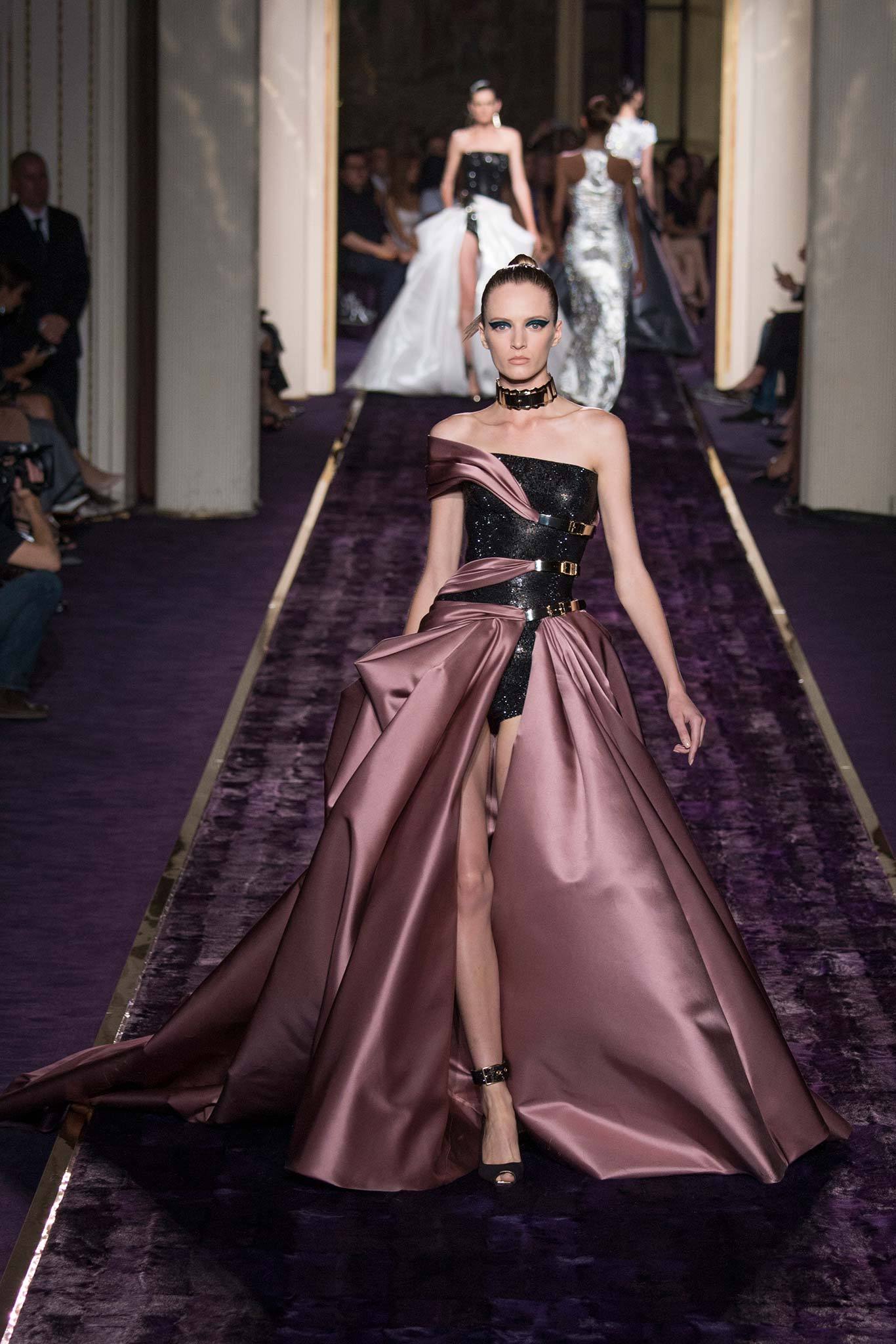 purple silk strapless gown