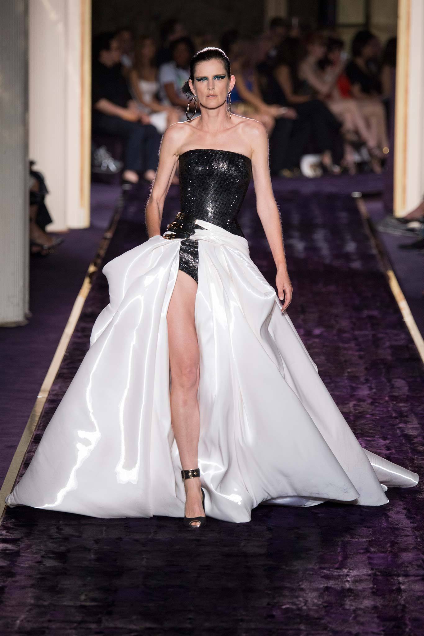 black and white strapless gown
