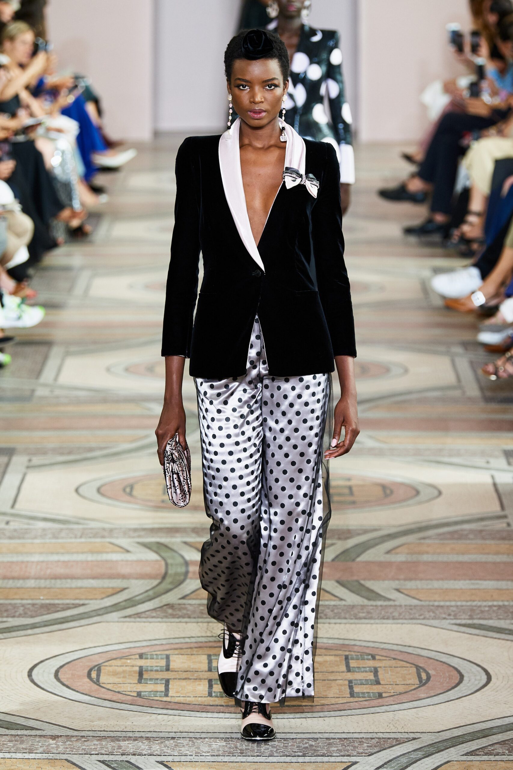 black velvet blazer with polka-dot pants