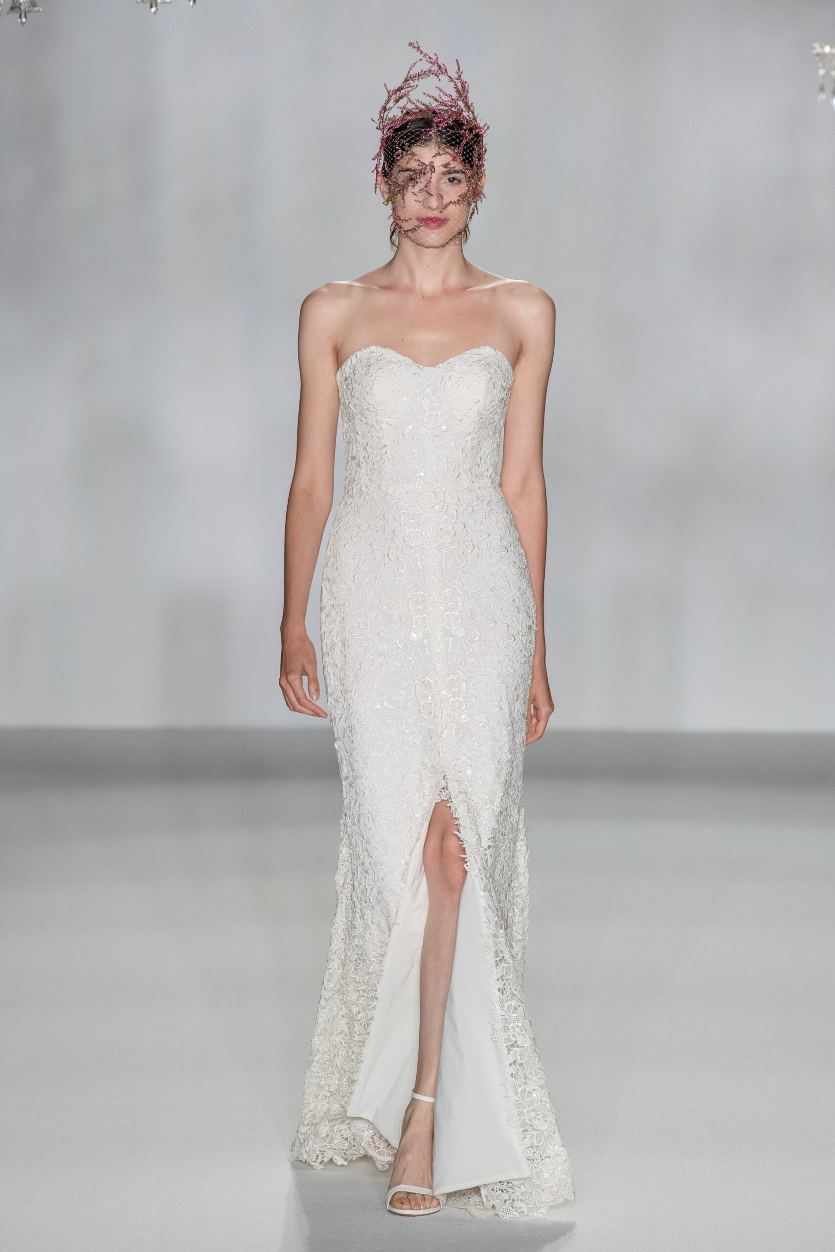 white lace strapless gown