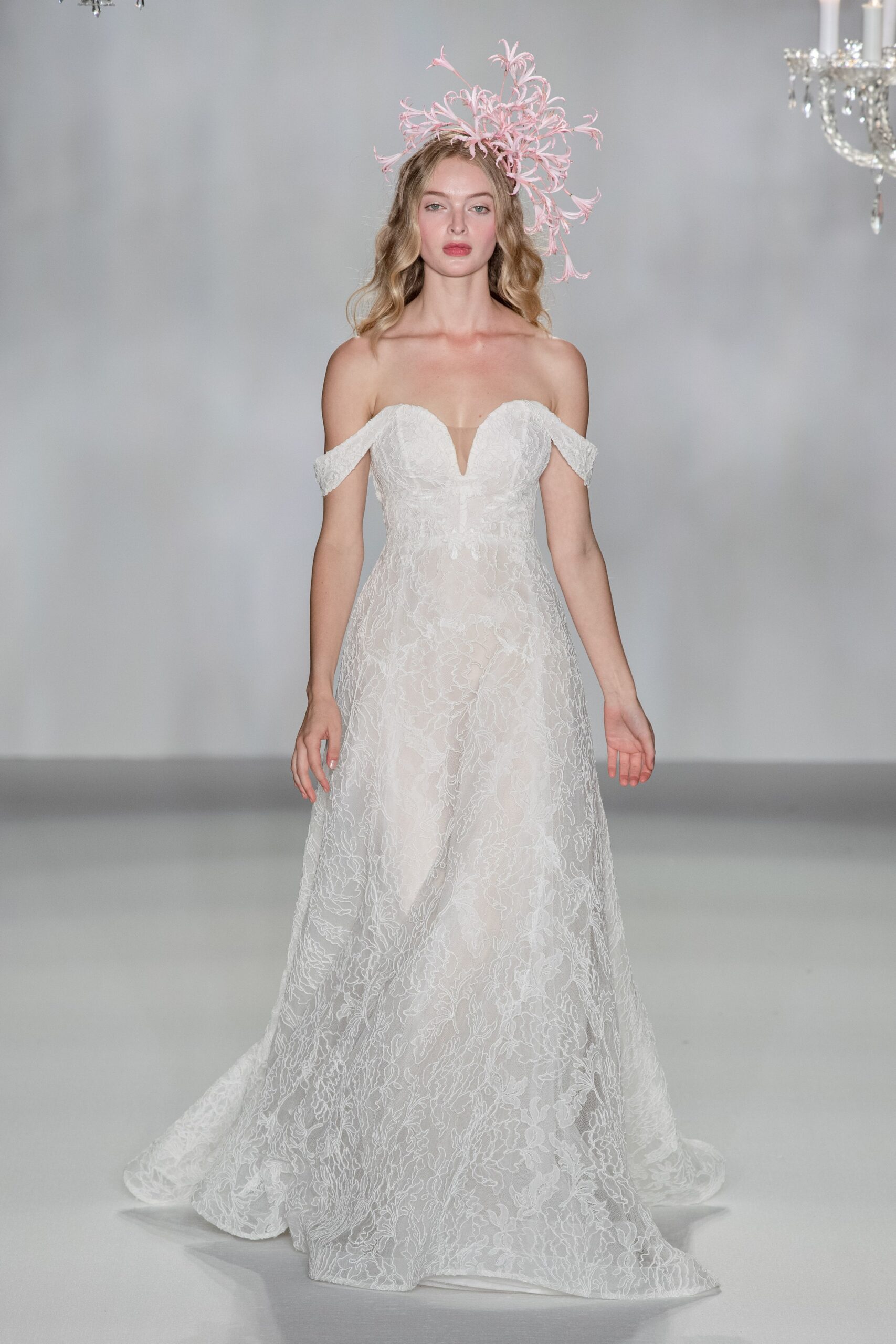 white lace off-shoulder gown
