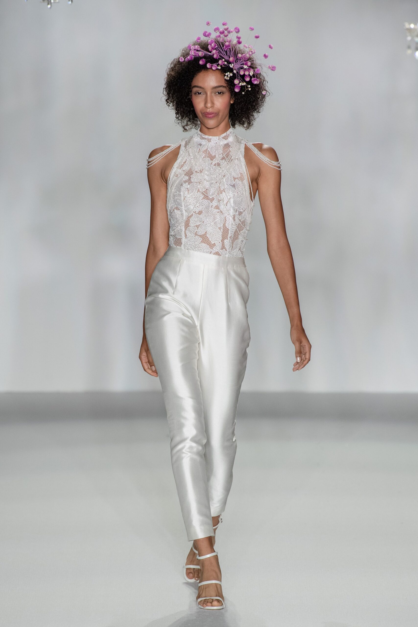 white silk tailored straight-leg shiny pants
