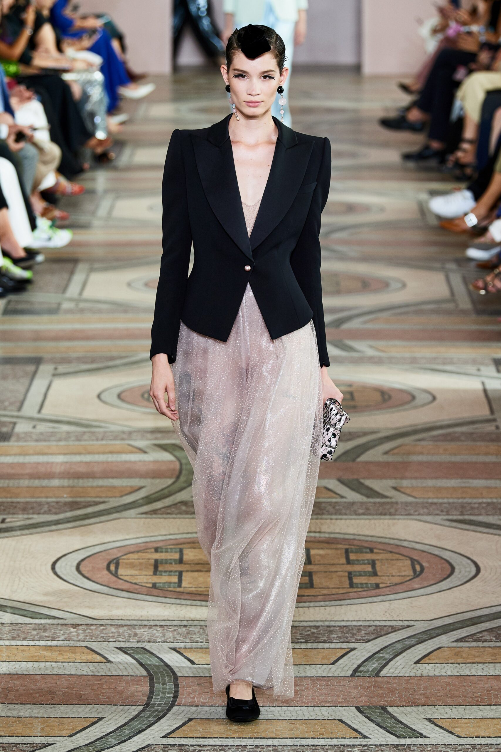 black tailored blazer with pink gown