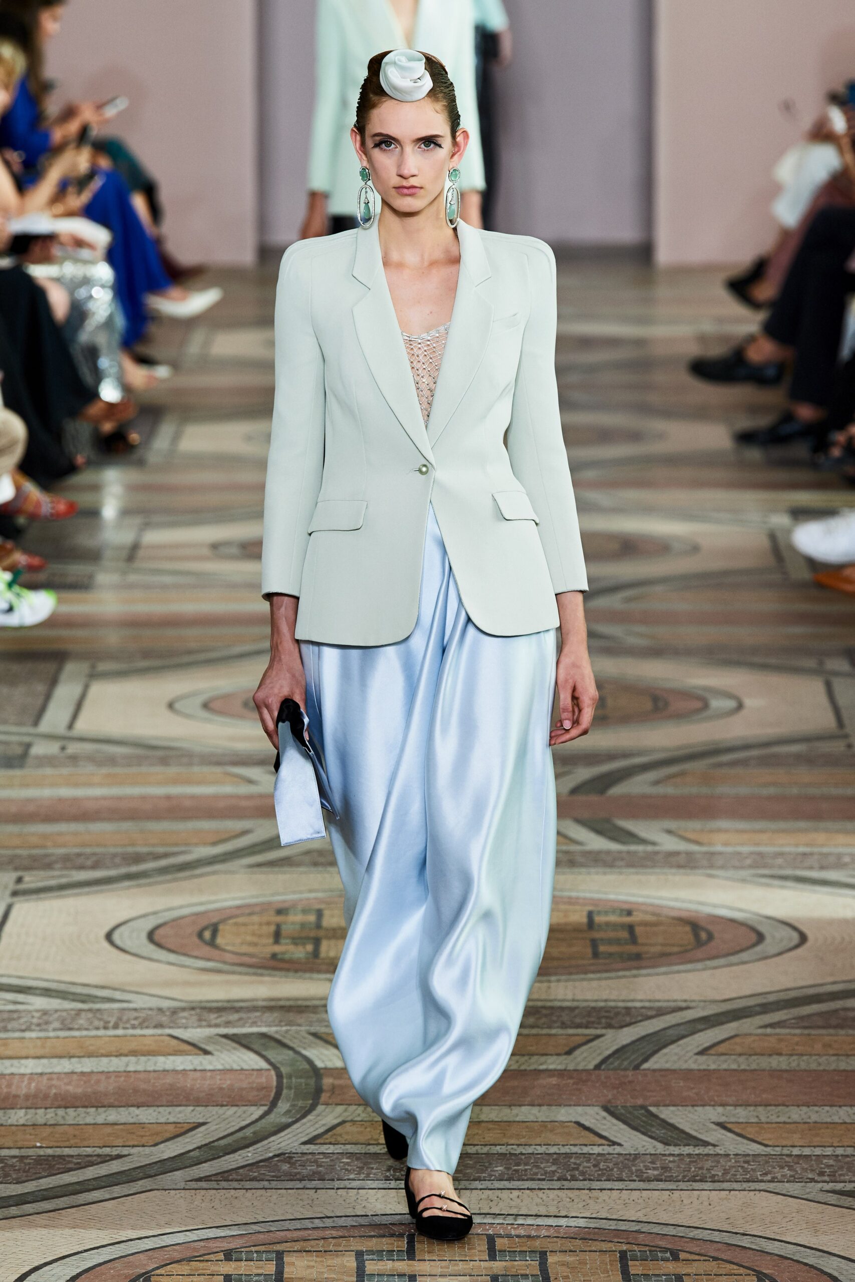 blue silk relaxed wide-leg flowing pants