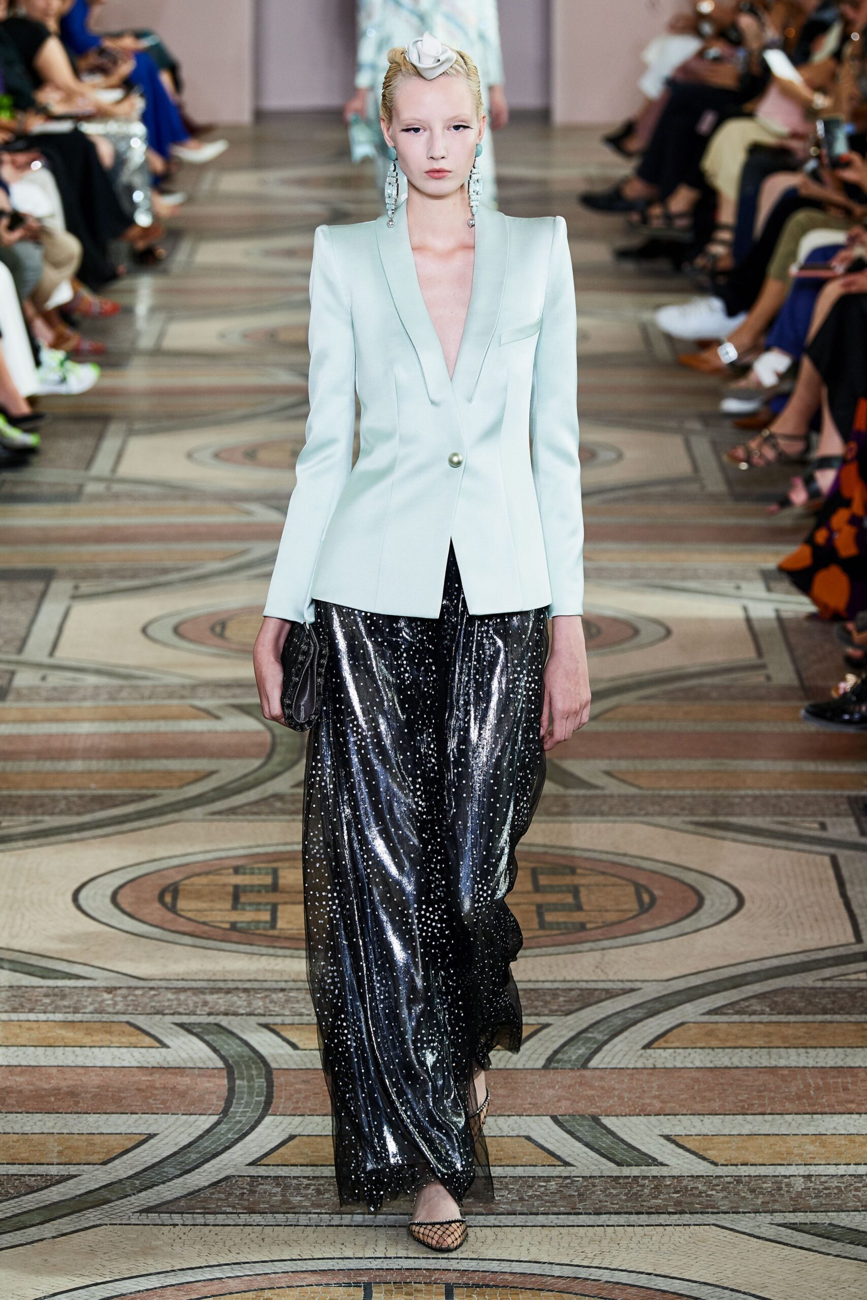 light blue tailored blazer and black wide-leg pants