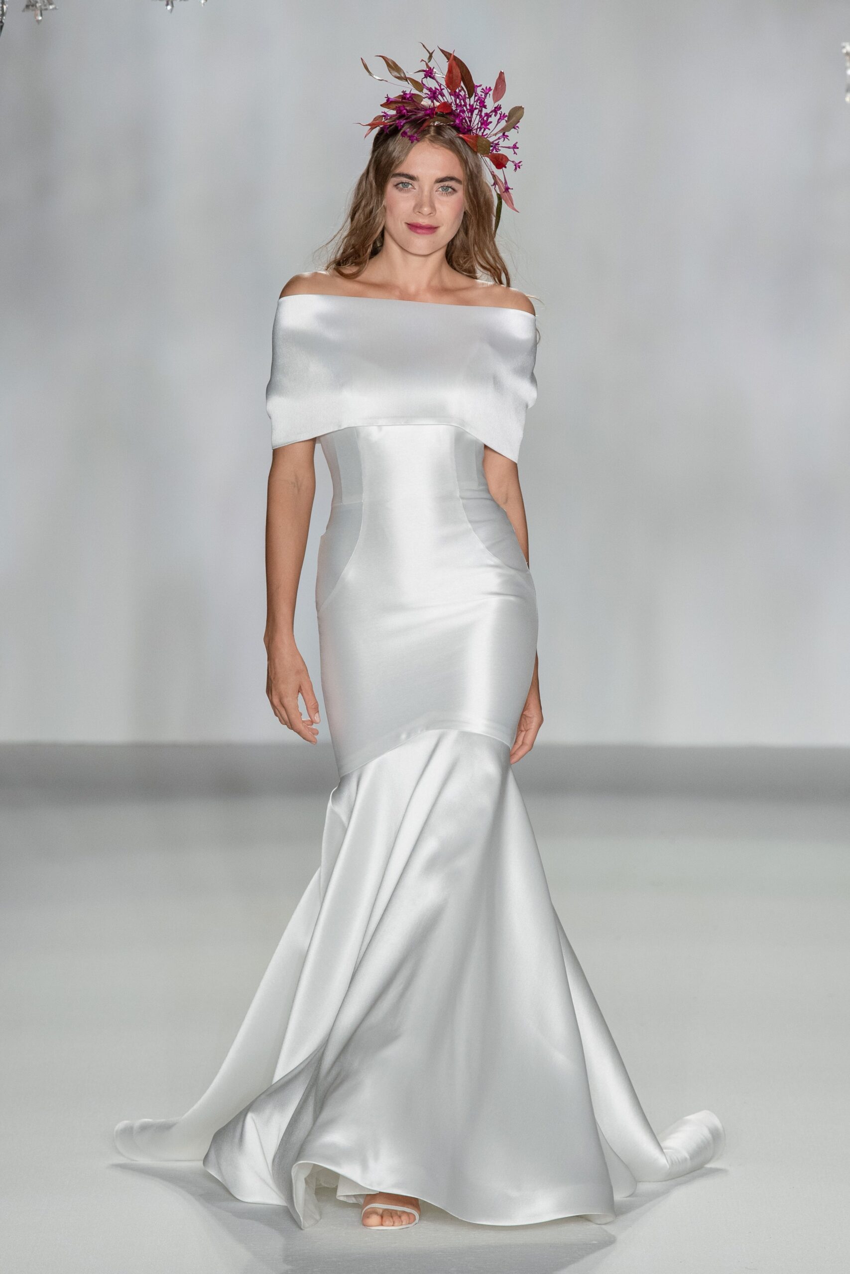white silk off-shoulder gown