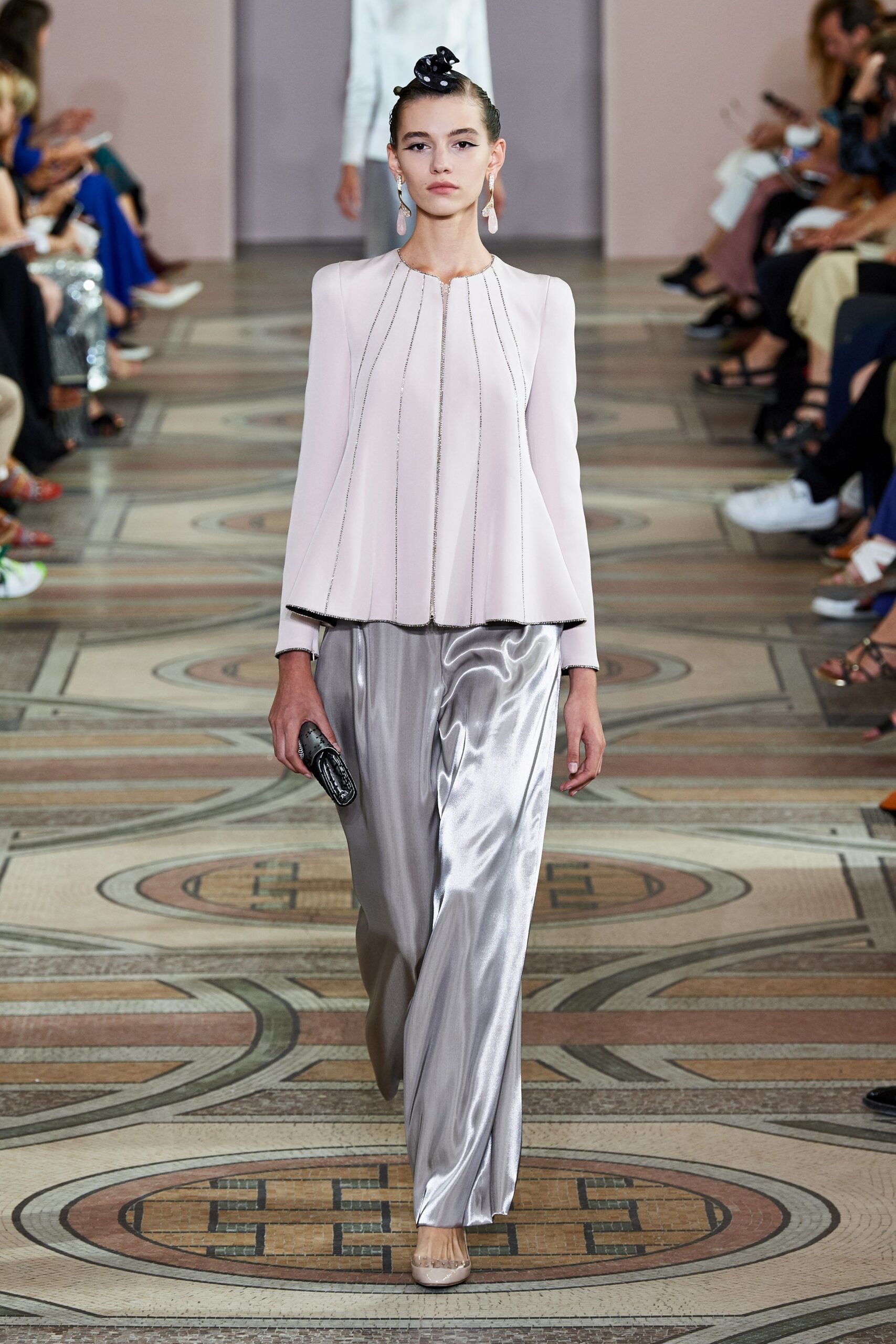pink silk blouse with silver pants