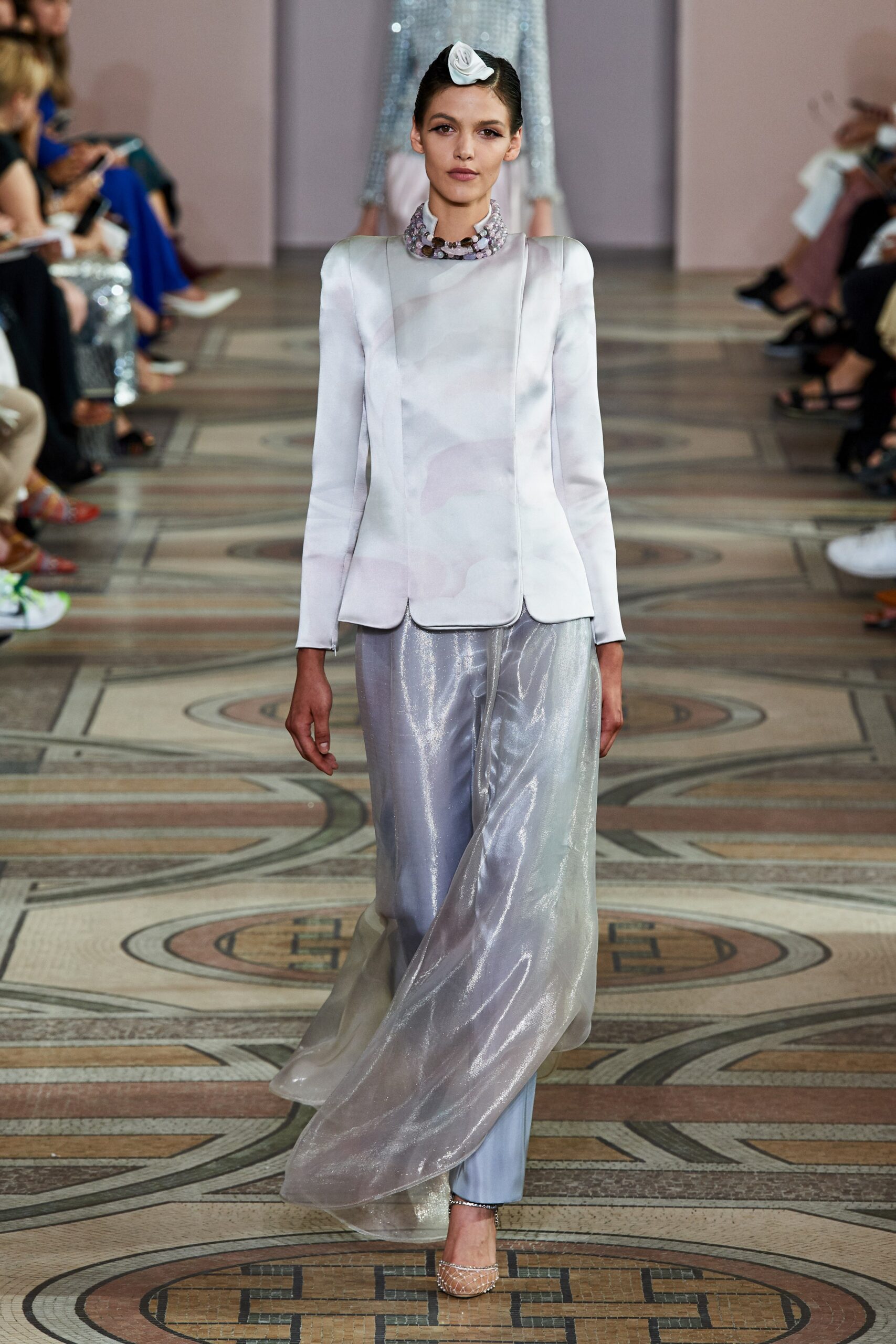 tailored white blazer with silver pants