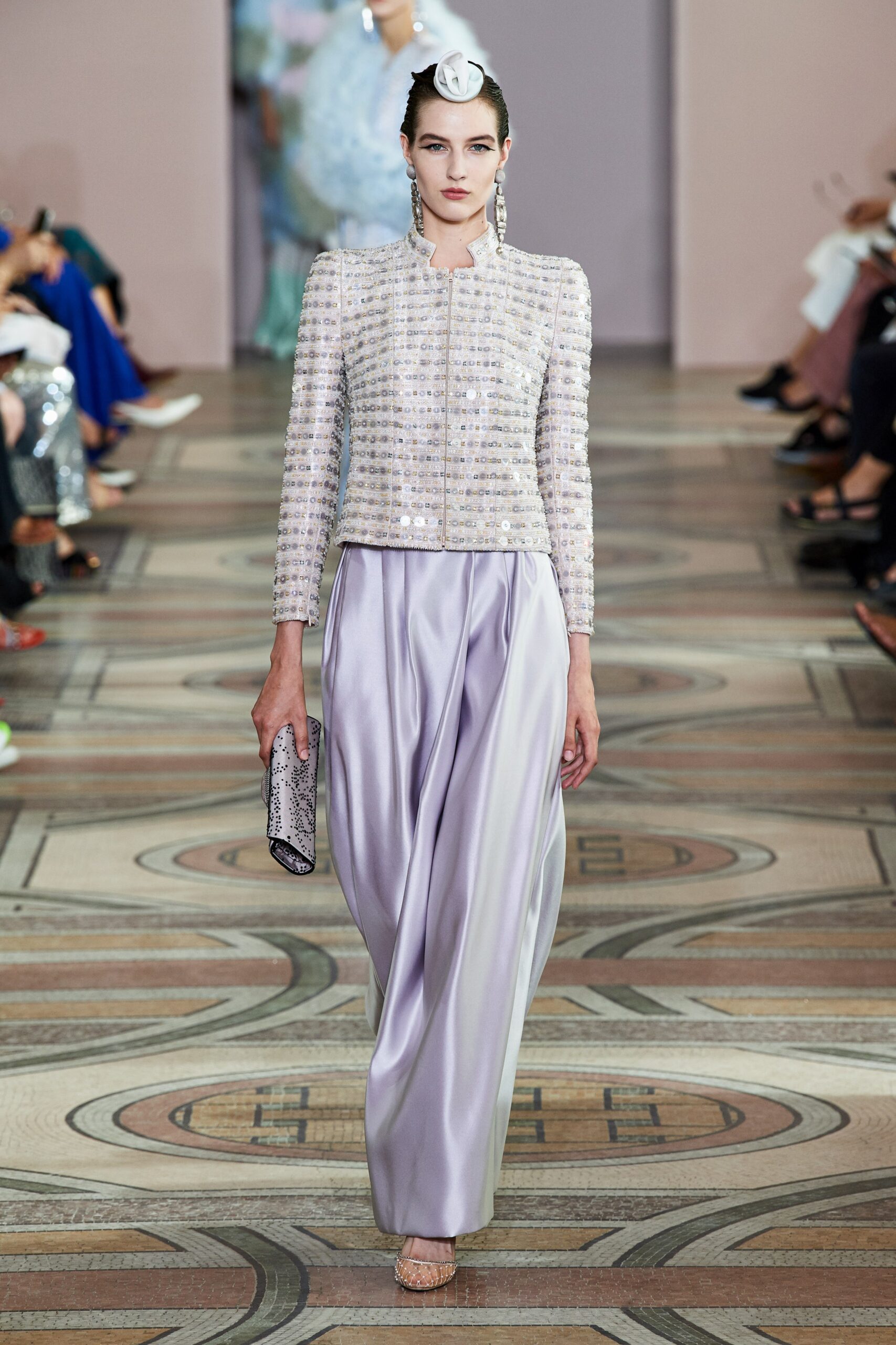 white sequined jacket with lavender pants
