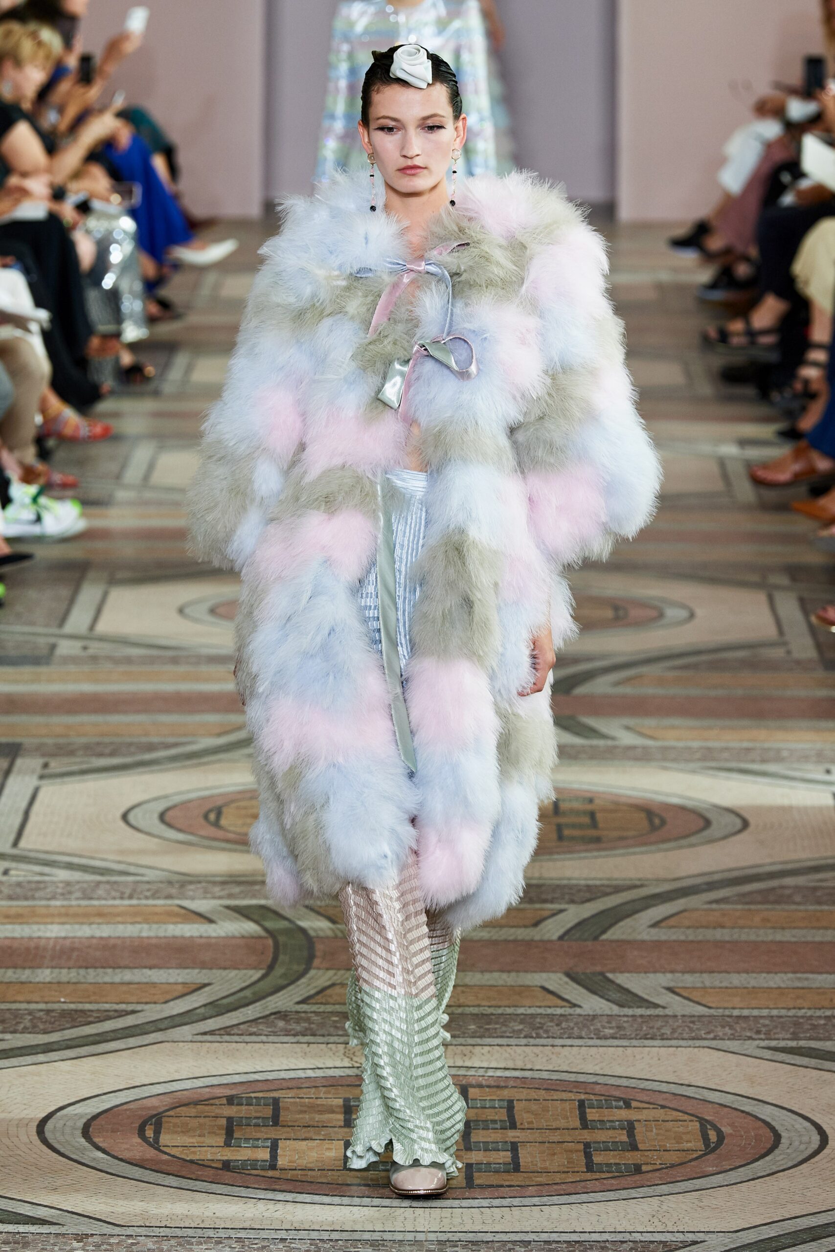 oversized fur coat with flared pants