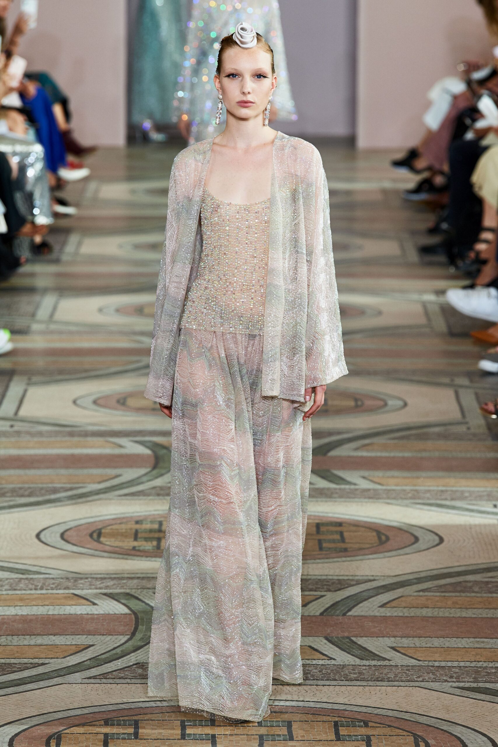 pink silk sleeveless v-neck fitted sequined layered dress