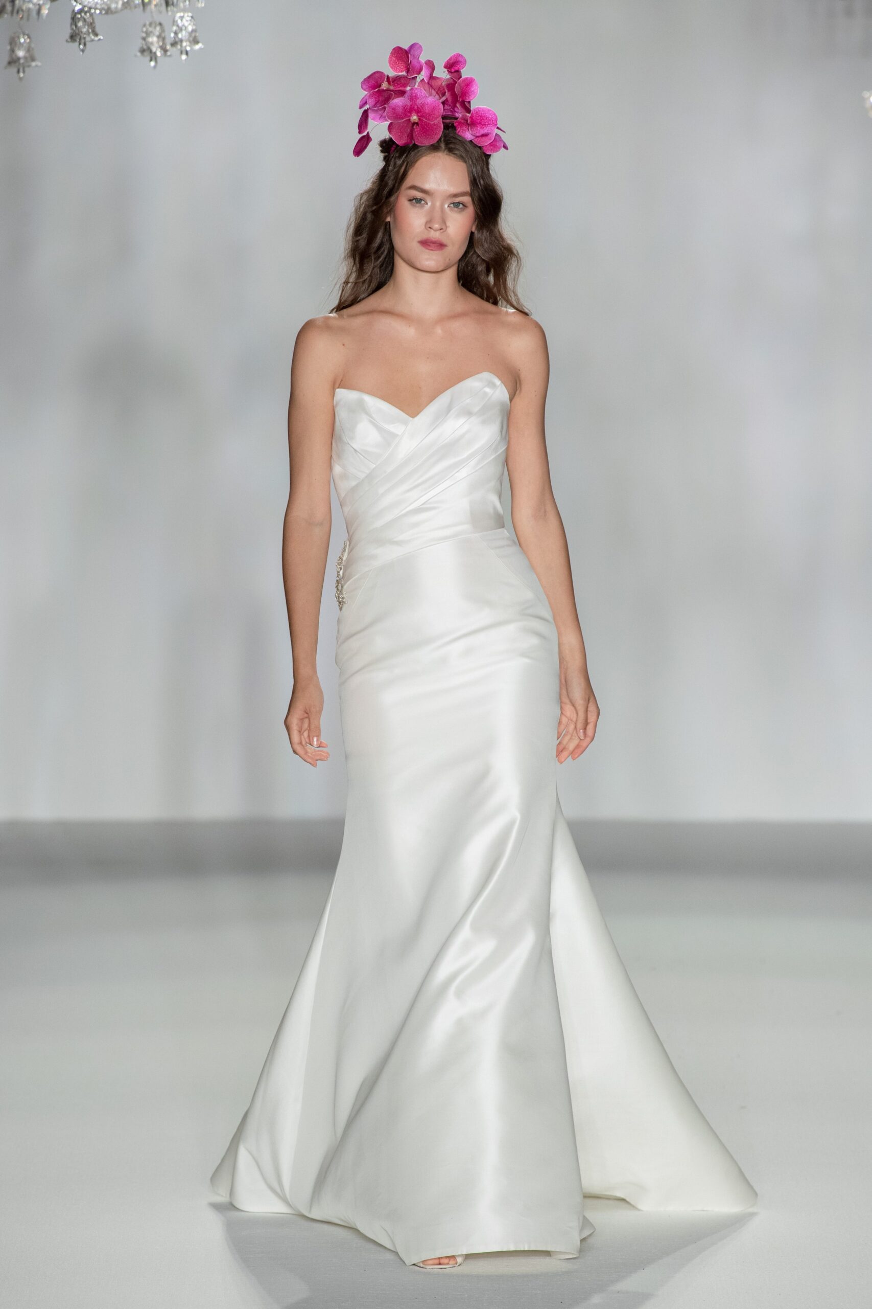white silk strapless gown