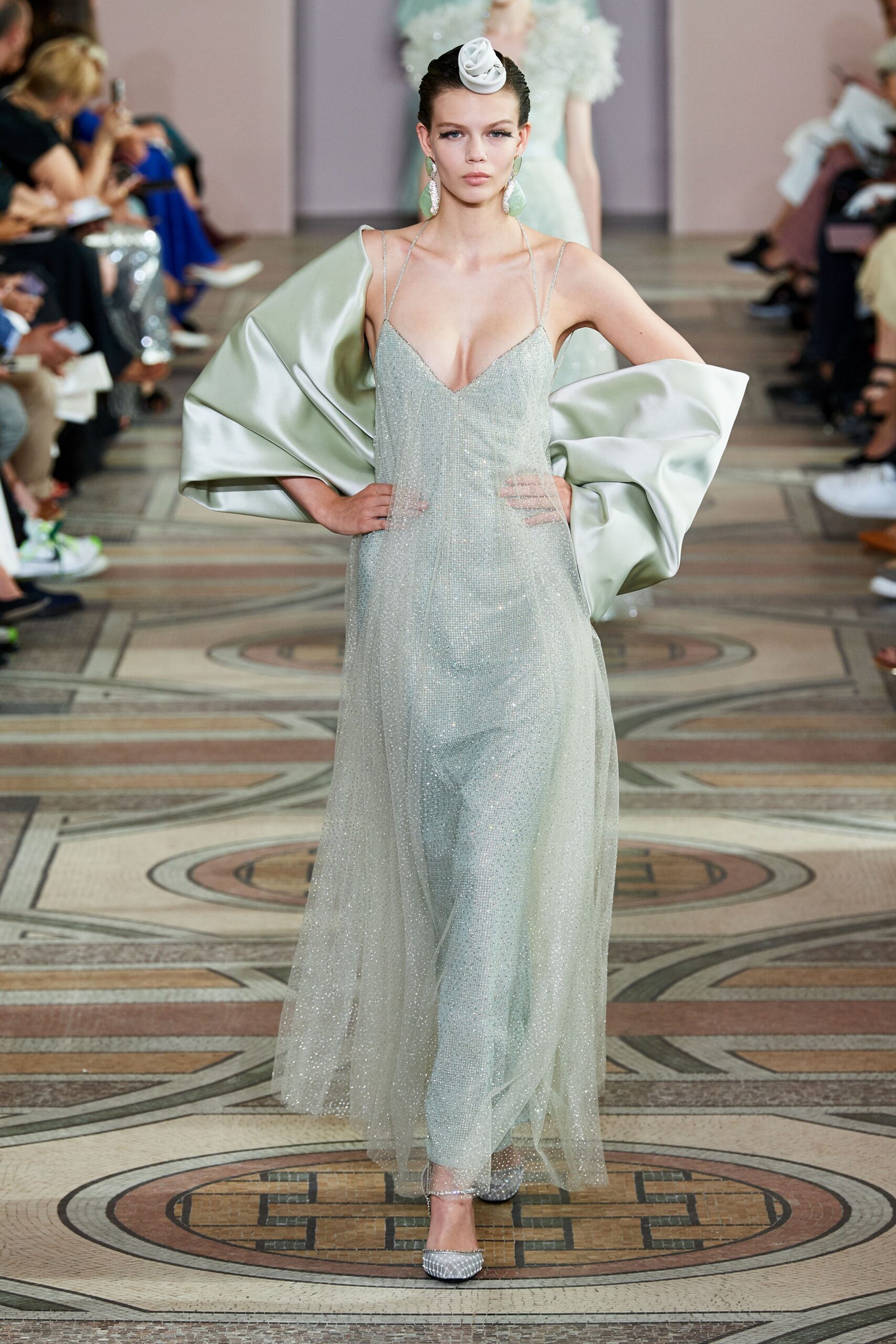 green silk sleeveless v-neck fitted draped sheer gown