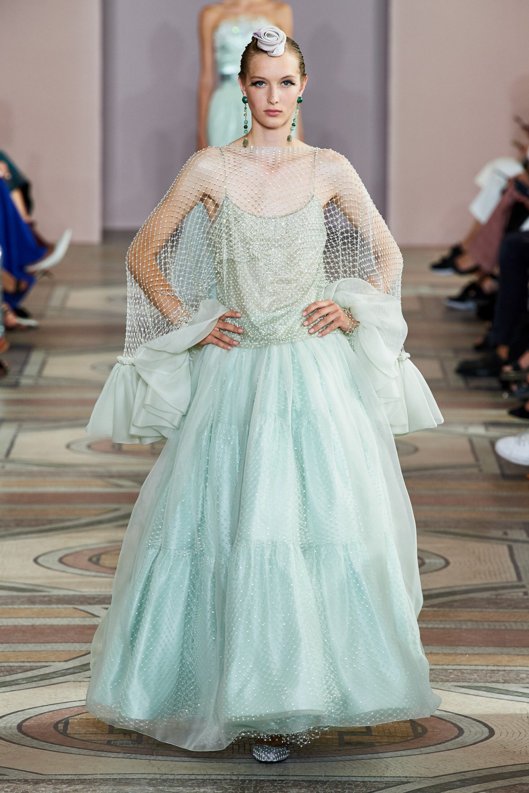 mint silk gown with sheer cape