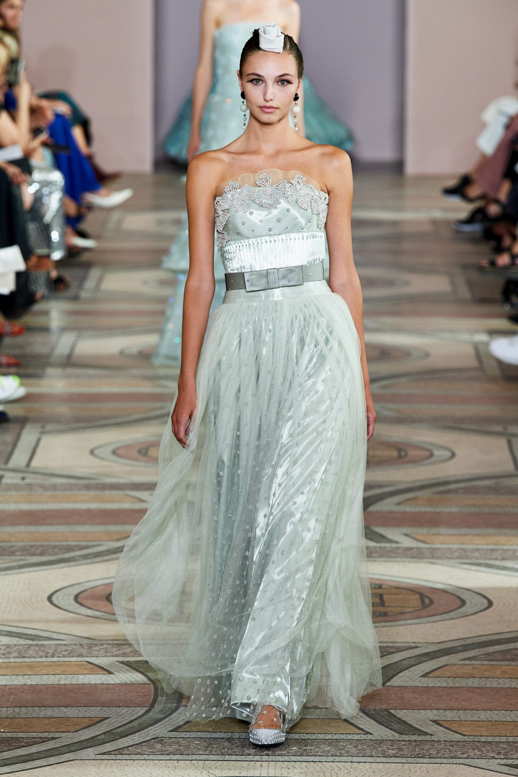 green strapless embellished gown