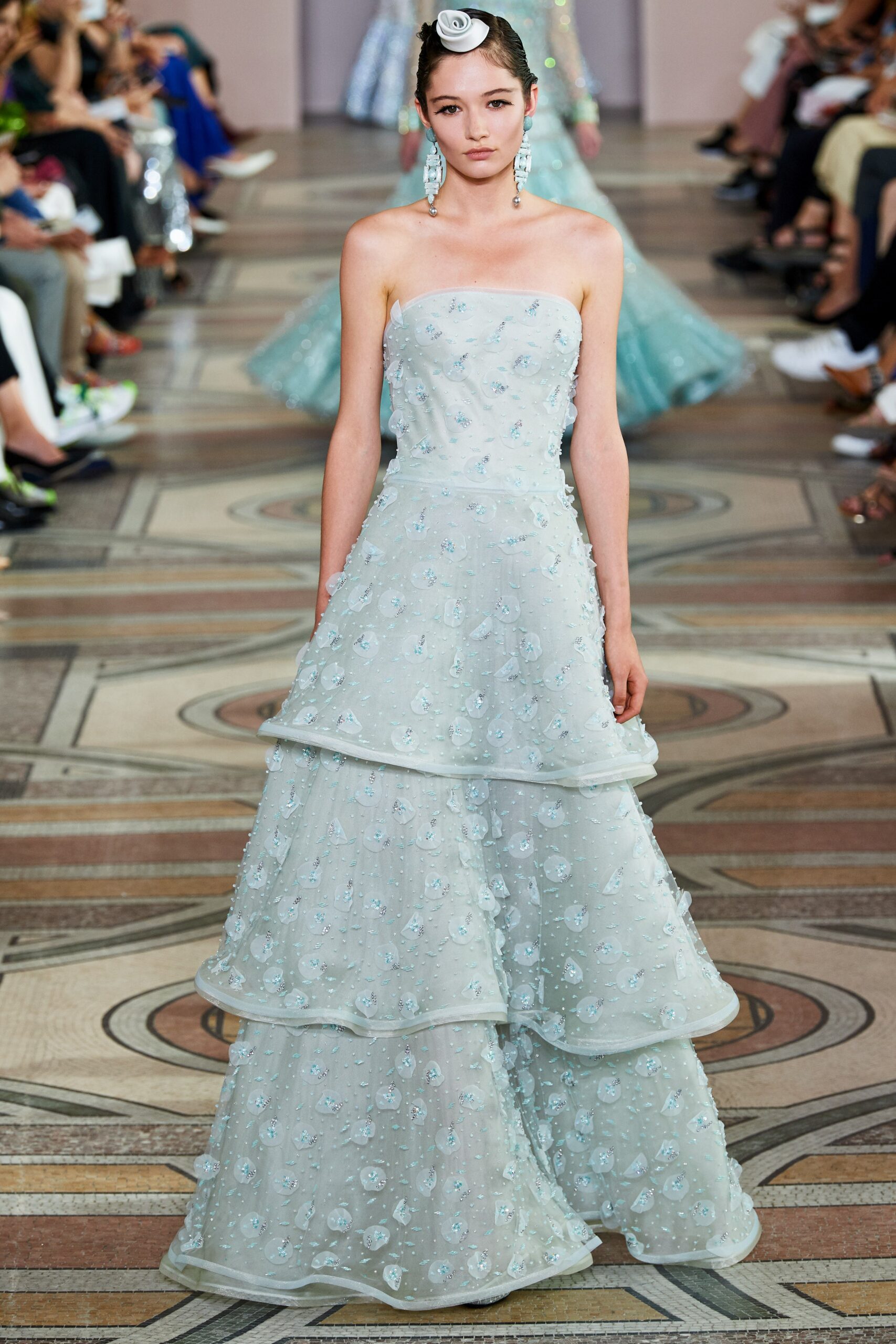 light blue embroidered strapless gown